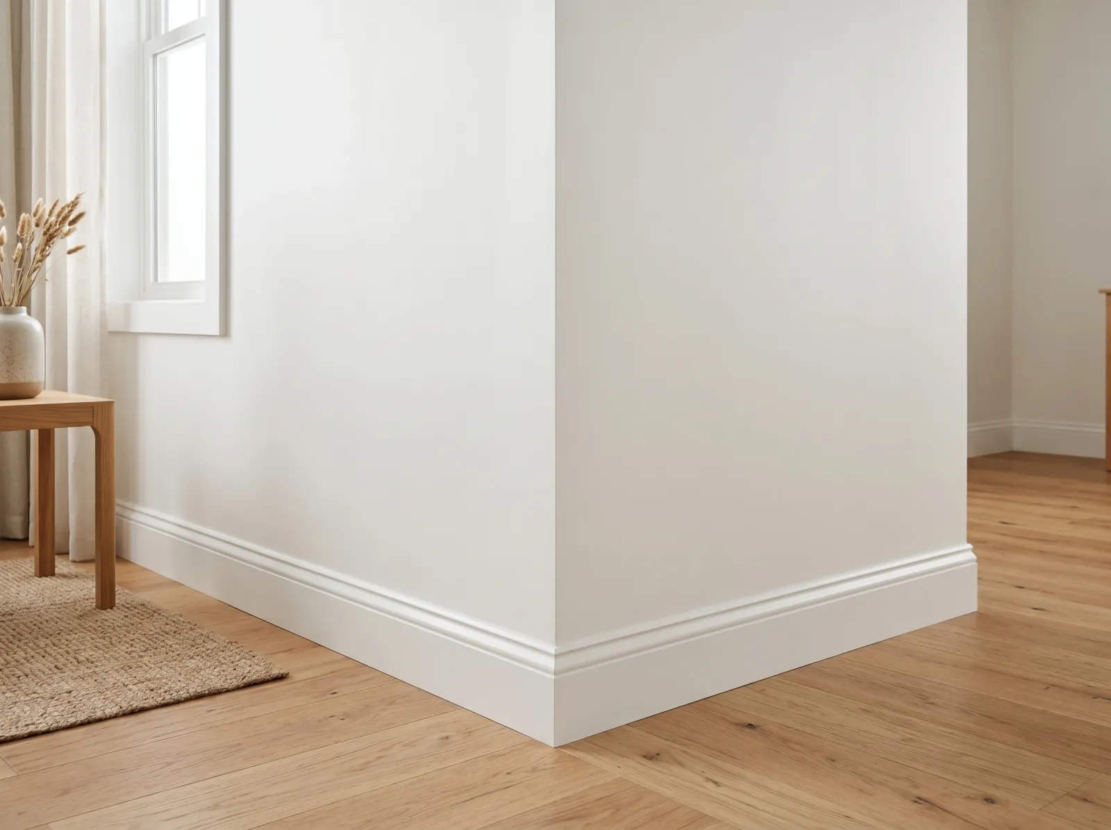 Finished lower wall corner repainted in soft white with the cat urine stain no longer showing through
