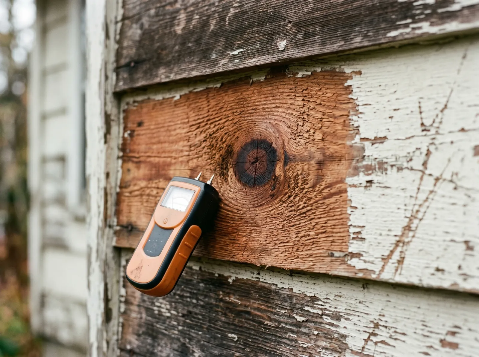 Cedar siding scraped to bare wood with a moisture meter against the board before priming