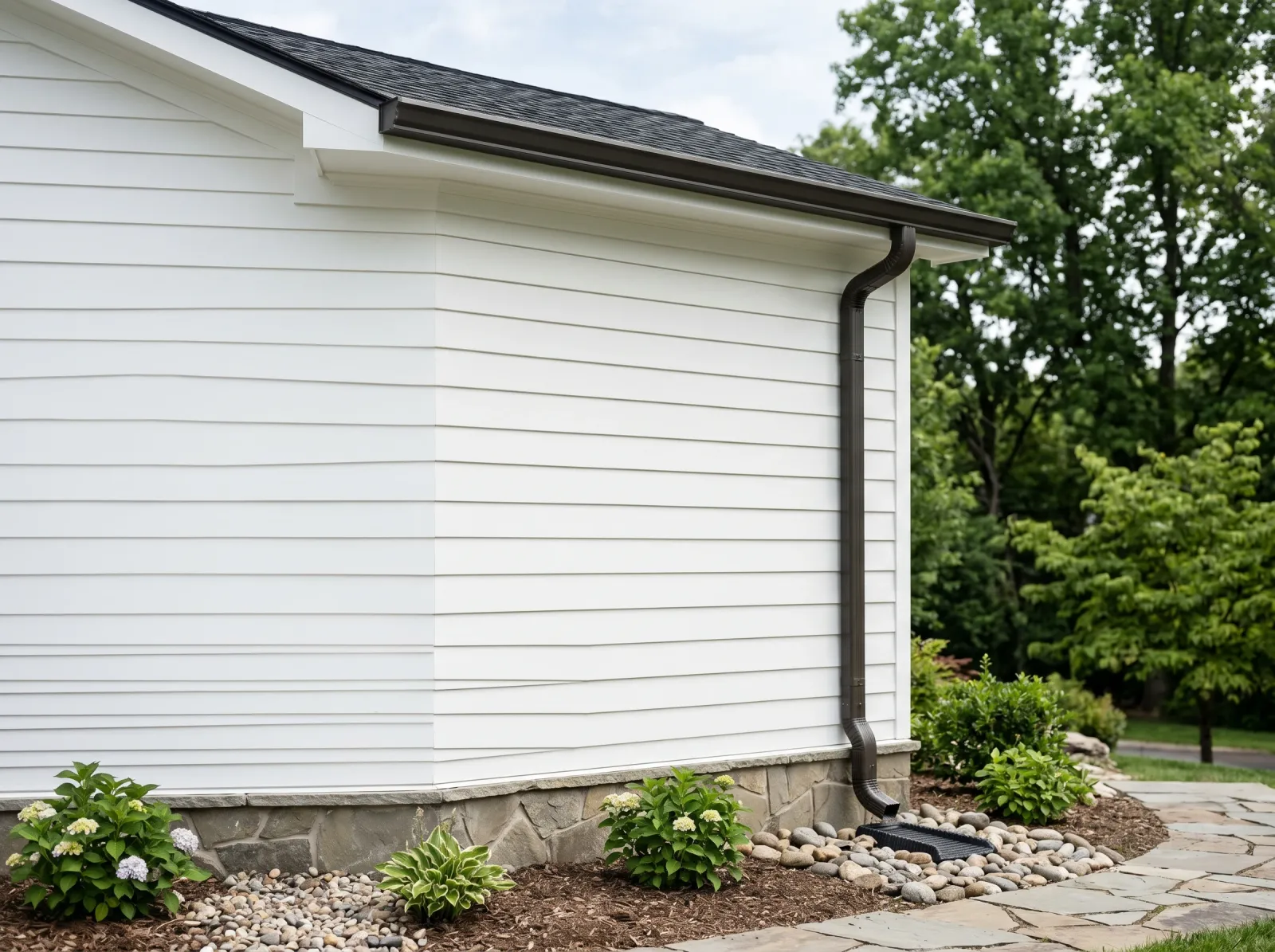 Finished cedar siding in clean white topcoat with no tannin bleed and a downspout carrying water away