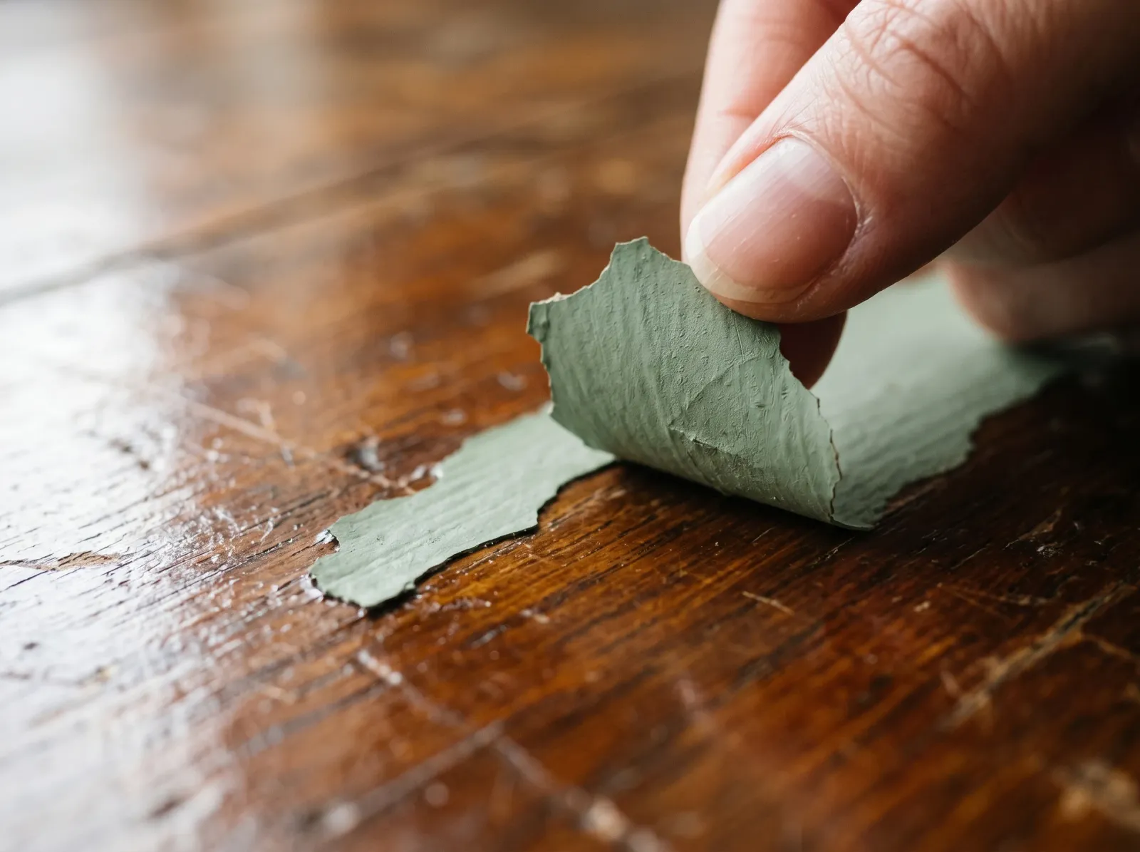 A flake of chalk paint lifting cleanly off a glossy varnished surface in one piece