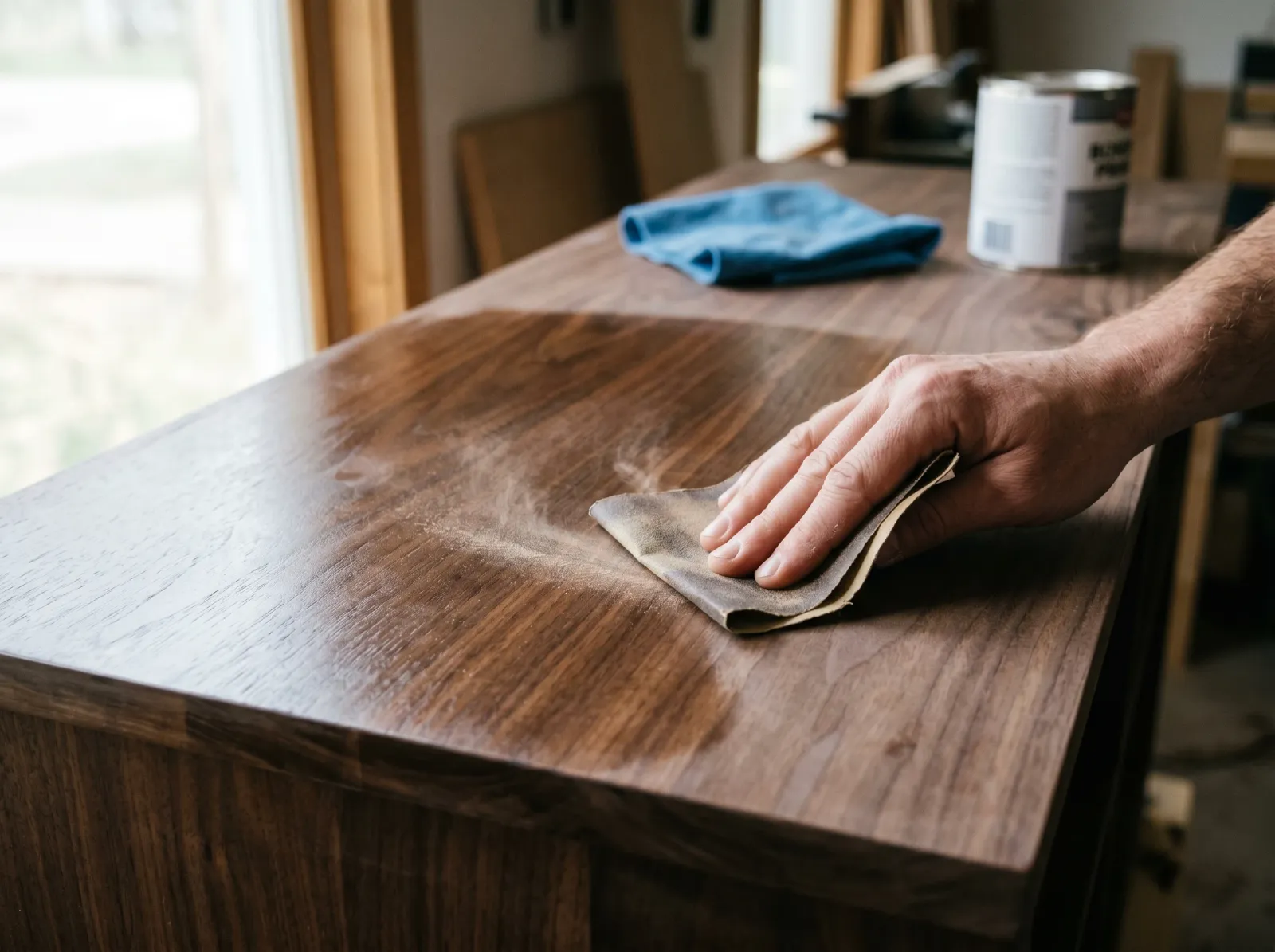 A glossy dresser top being scuff-sanded by hand to an even dull matte before priming