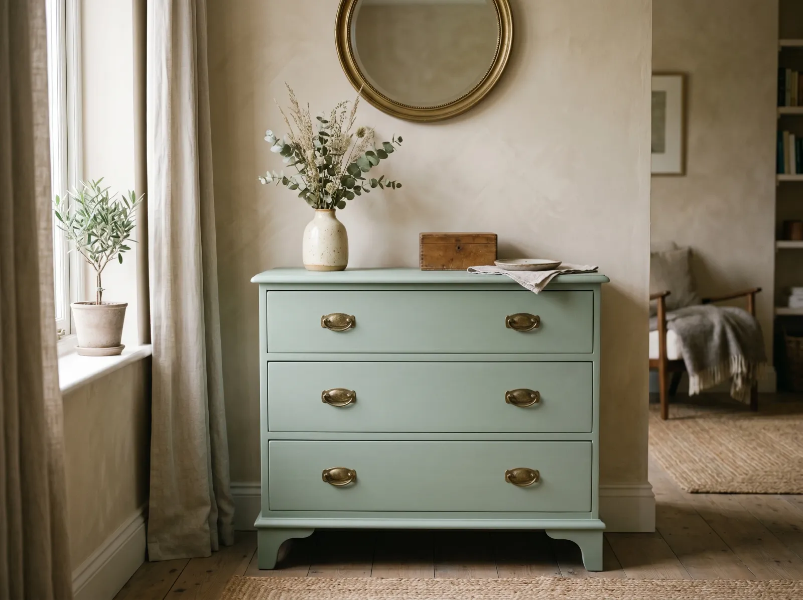 Finished sage-green chalk-painted dresser with a smooth, even, crack-free matte finish