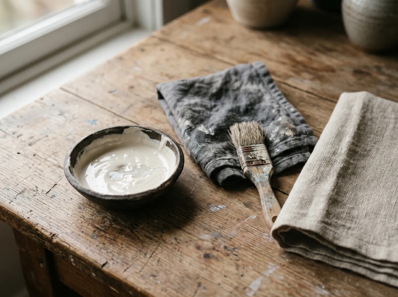 Chalk paint being thinned with water beside a damp cloth and a brush on a wood table