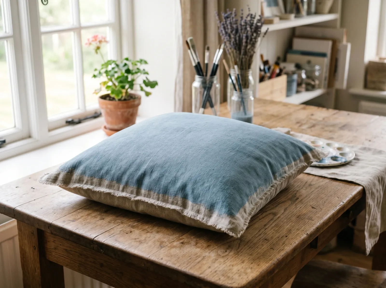 A chalk-painted dusty blue linen cushion drying soft and crack-free in daylight
