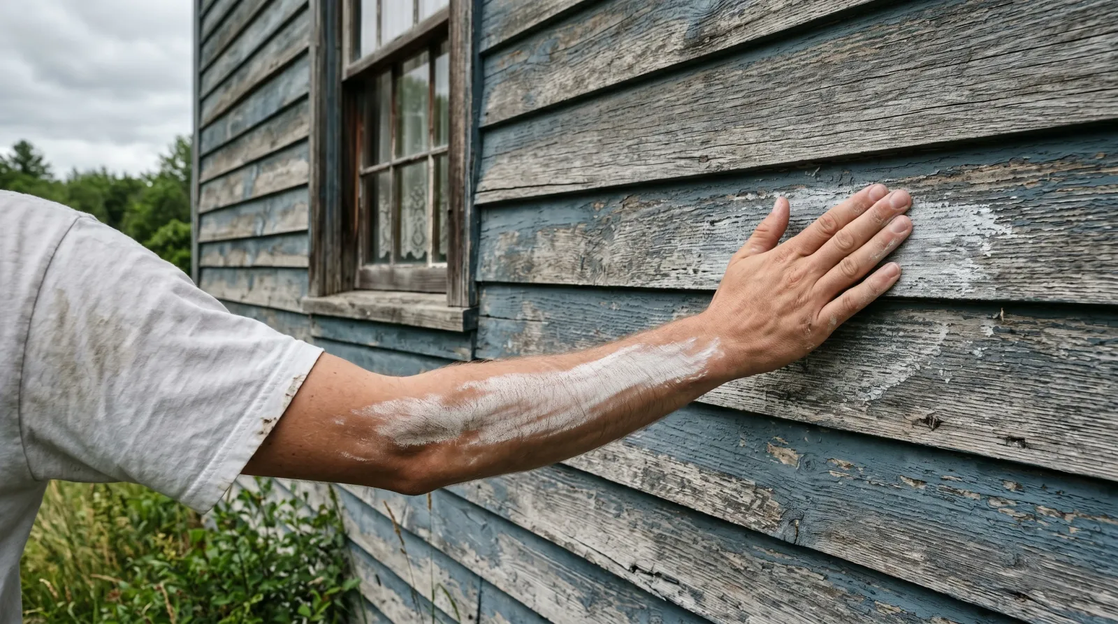 White t-shirt rubbed against chalking exterior siding showing heavy pigment transfer