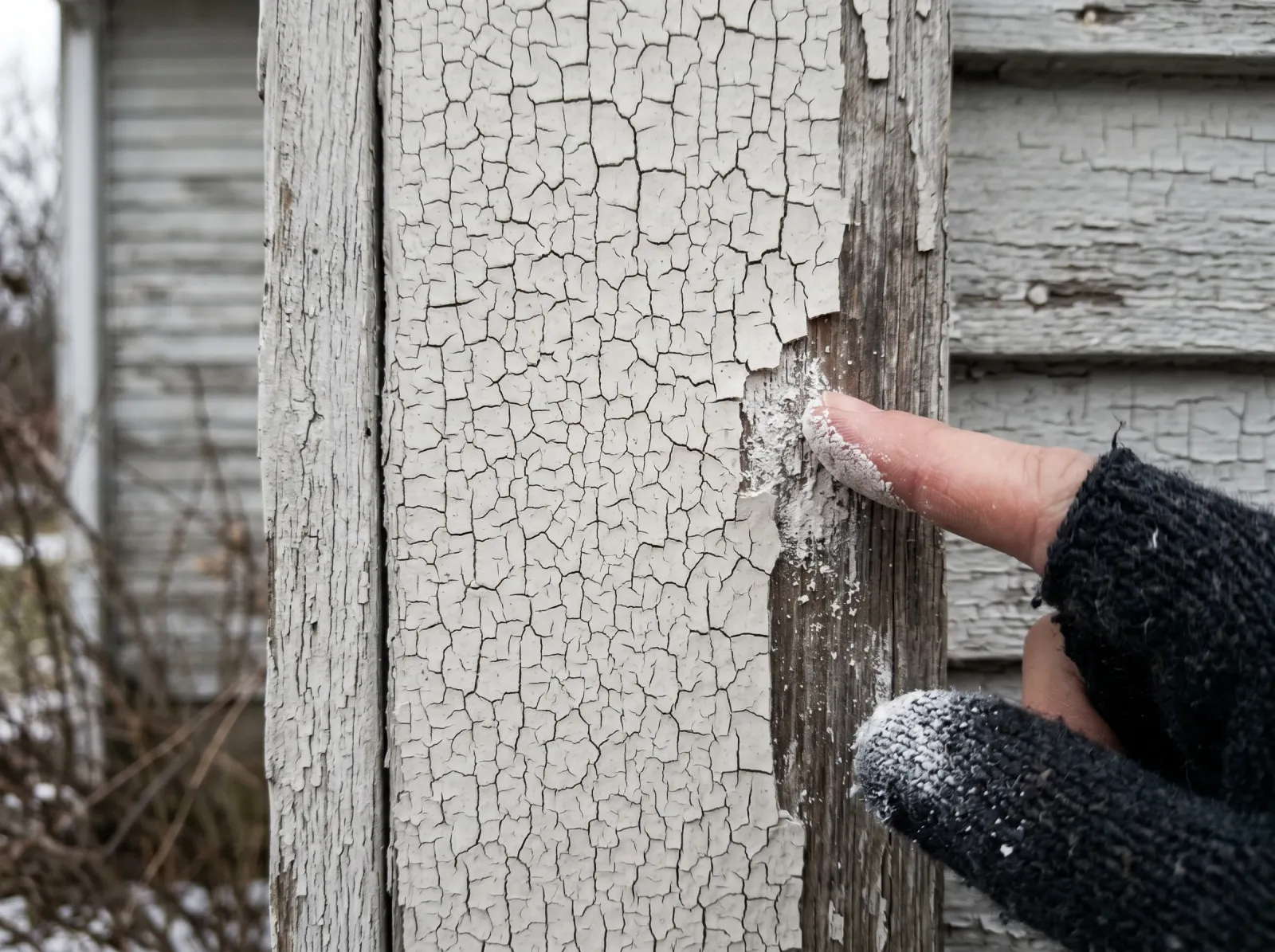 Cold-weather paint film cracked into a fine mud-crack pattern and chalking under a fingertip
