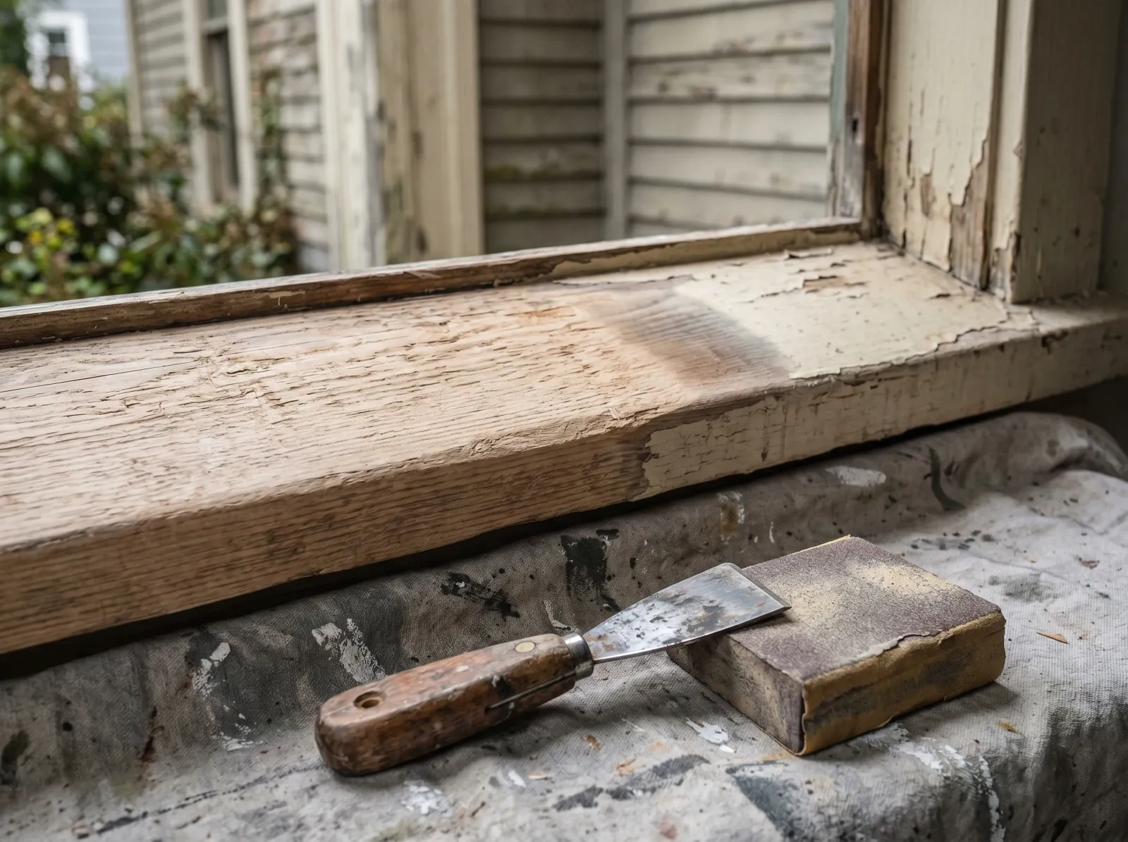 Exterior wood scraped and feathered back to sound paint with a scraper and sanding block beside it