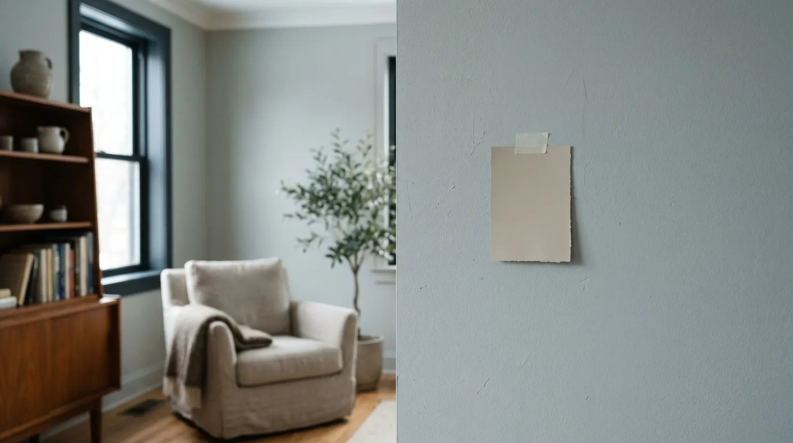 Paint chip taped to a freshly painted greige wall, the wall reading cooler than the chip under north-facing afternoon light