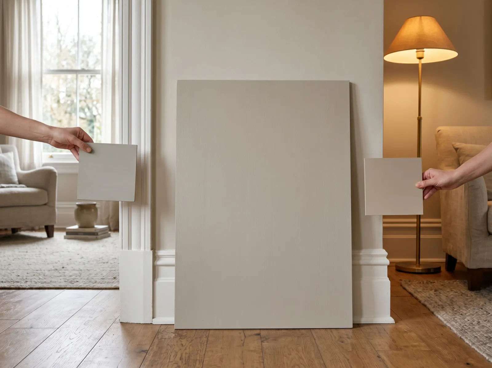 Two painted sample boards of the same color reading cool by a window and warm under a lamp