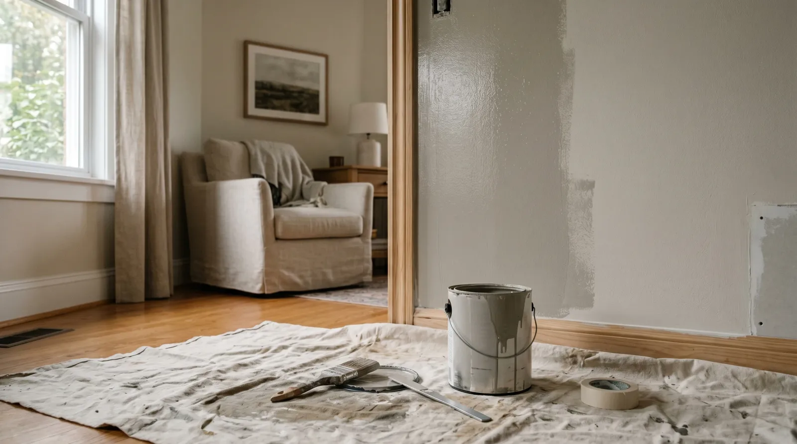 Open quart of greige paint reading darker than the dried wall painted in the same color behind it
