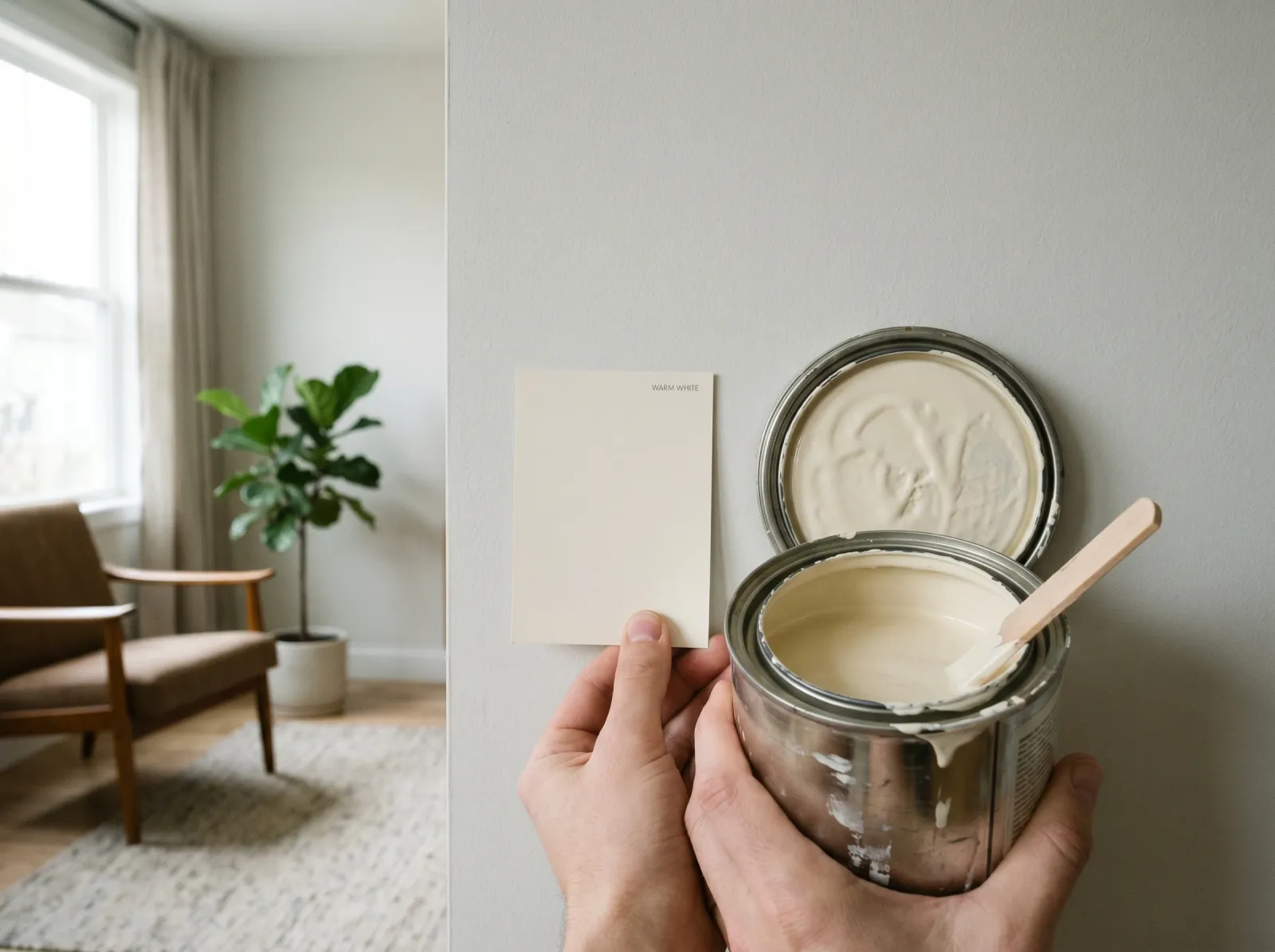 A warm white chip and open can compared against a north-facing wall in daylight