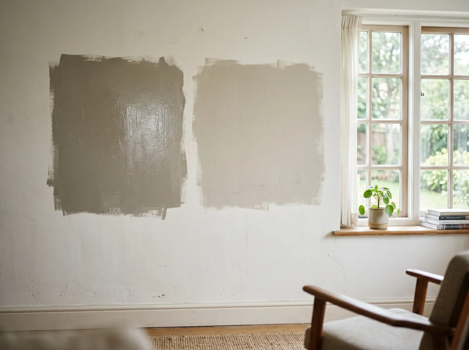 Two large test patches on a wall, one wet and darker, one dry and lighter