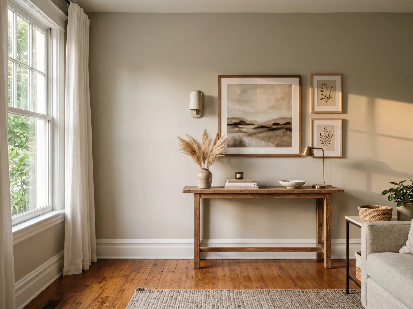 Finished greige wall reading calm and even against wood floor and white trim
