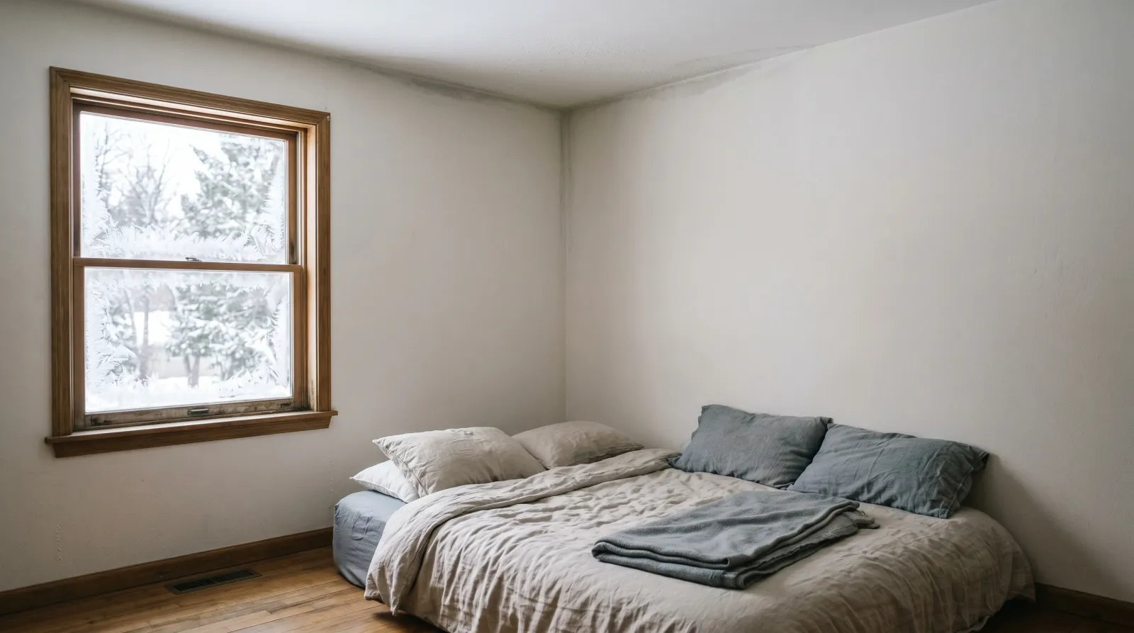 Bedroom corner on an exterior wall showing fine condensation droplets and a grey halo in cold winter morning light