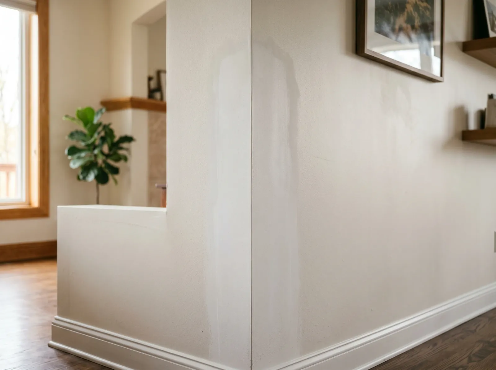 Repaired drywall corner sanded flush and primed, ready for paint