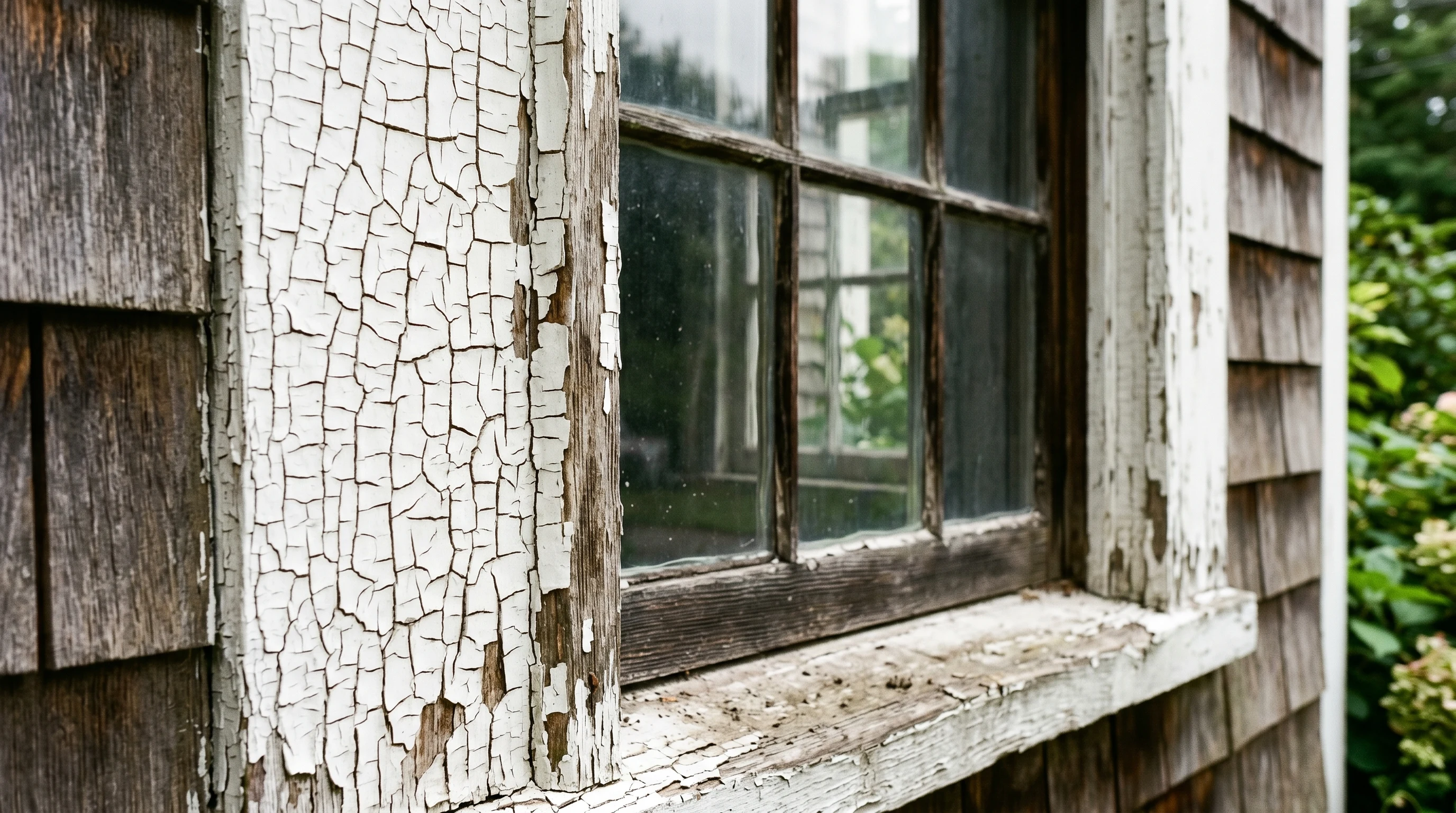 Weathered exterior trim with paint cracked in a tight alligator-skin pattern