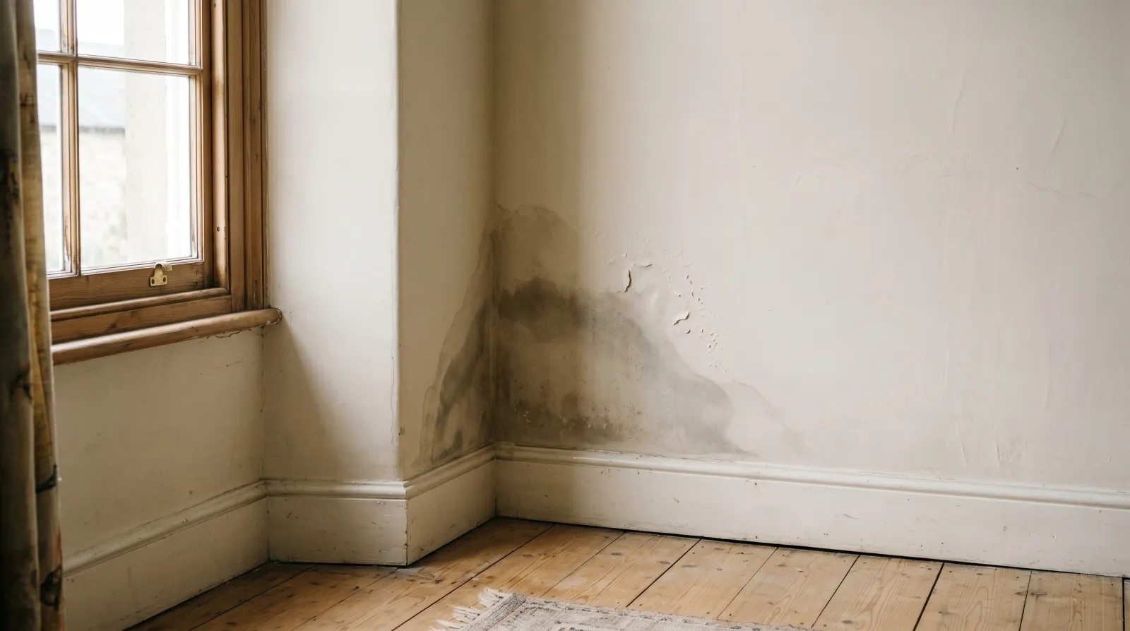 Interior wall corner showing a dark damp patch rising from the baseboard in soft morning daylight