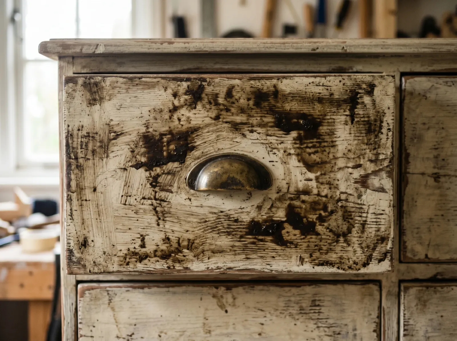 Cream chalk-painted drawer gone blotchy and too dark from over-applied dark wax pooled in the brush marks
