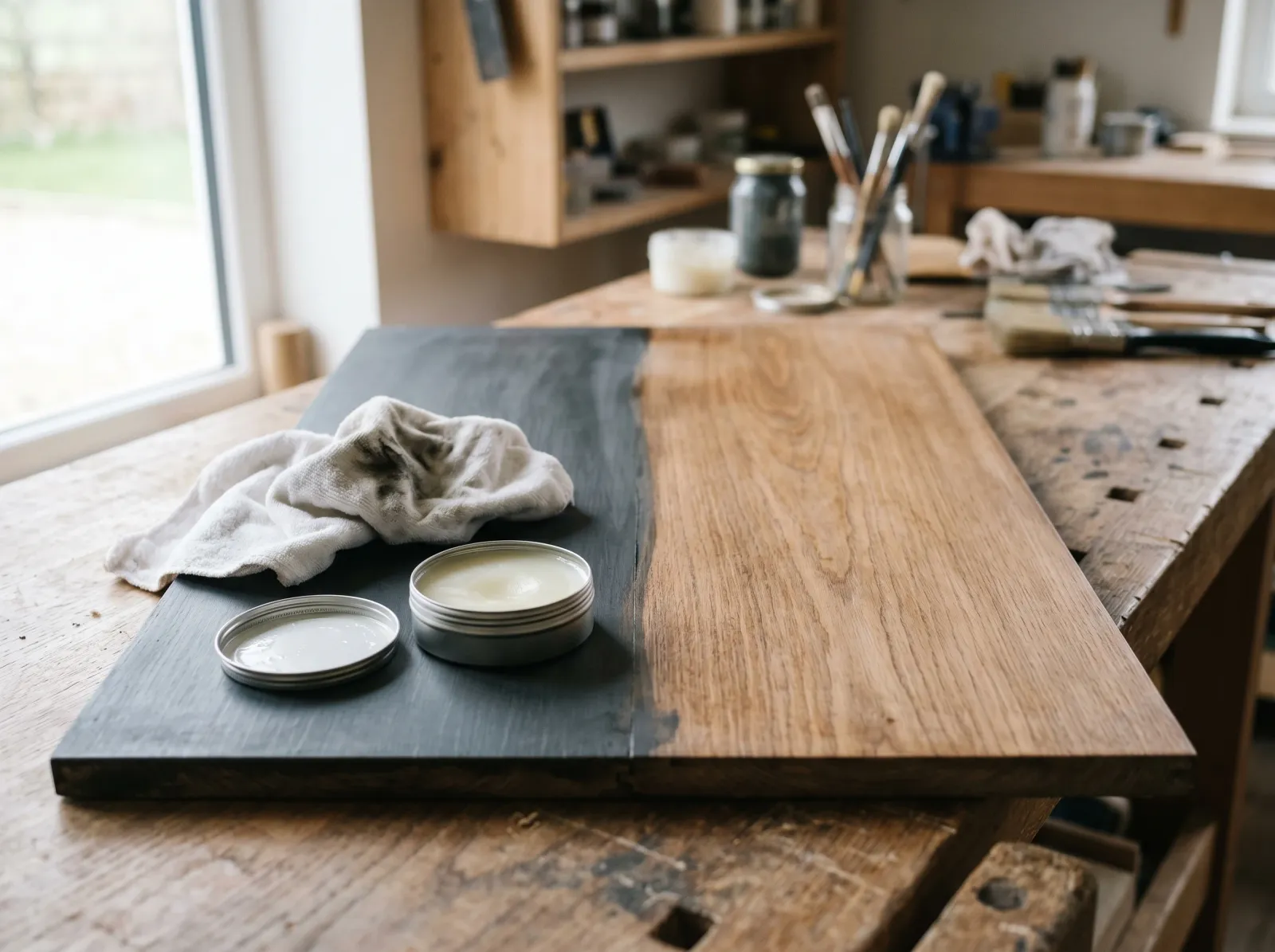 Clear wax and a cloth lifting dark wax off a chalk-painted panel, half corrected and half still dark
