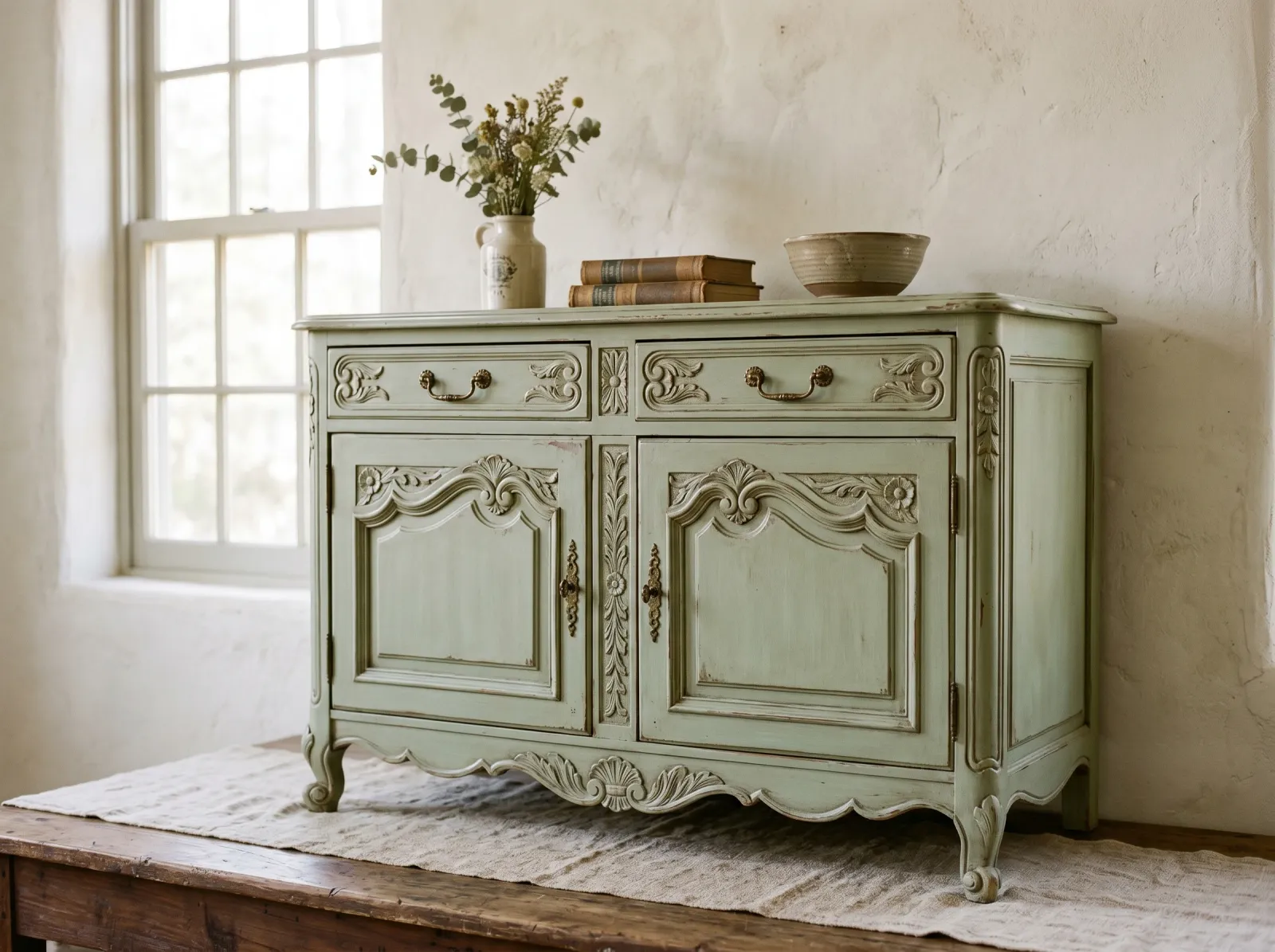Finished chalk-painted piece with a warm even aged patina settling softly into the carved detail