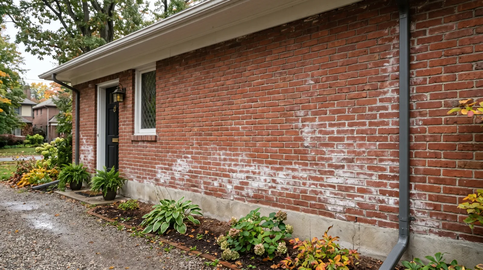 Red brick exterior wall with patchy white efflorescence bloom across mortar joints near grade