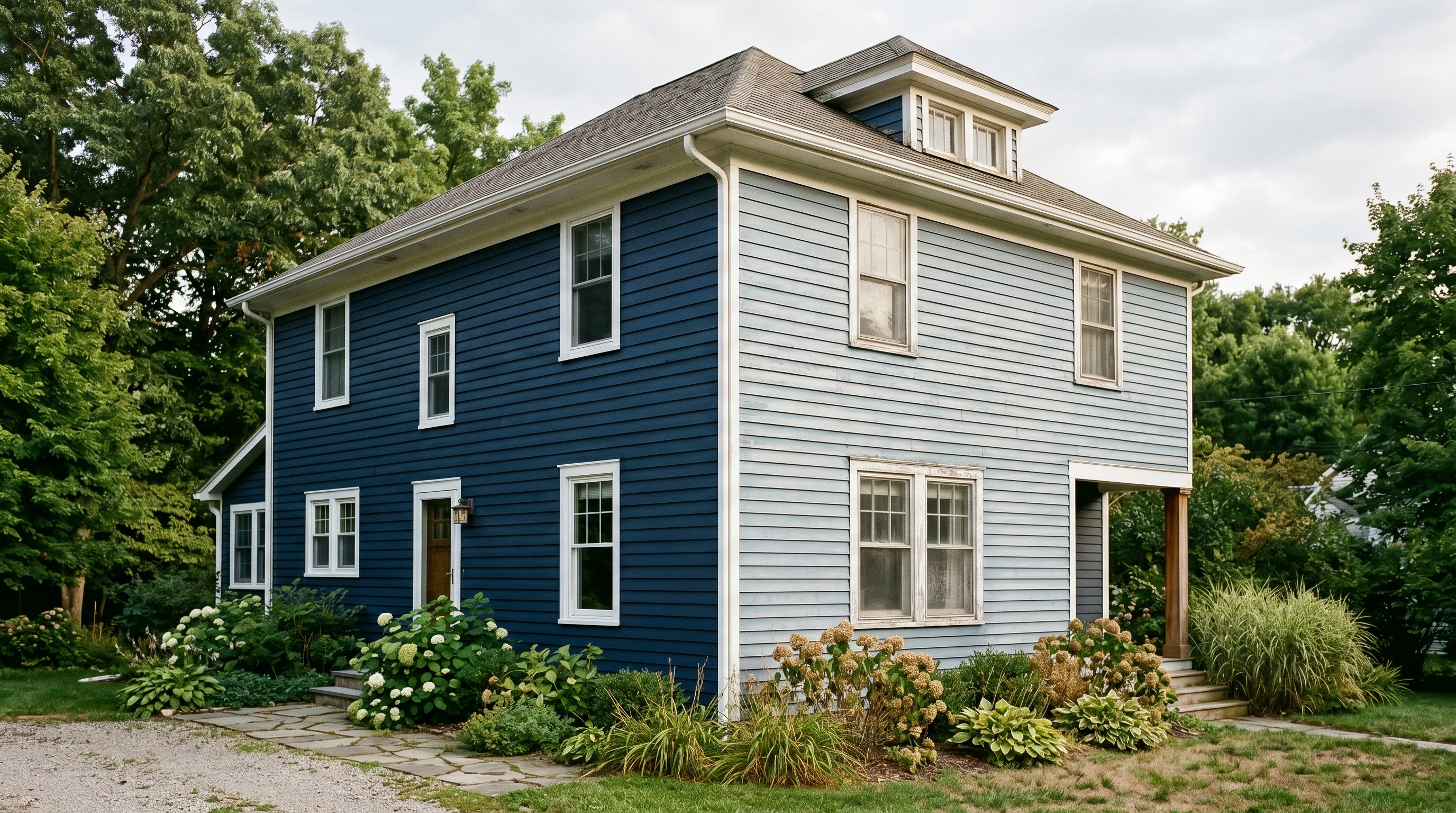 House corner showing severely faded south-facing wall against still-saturated north-facing wall in same color