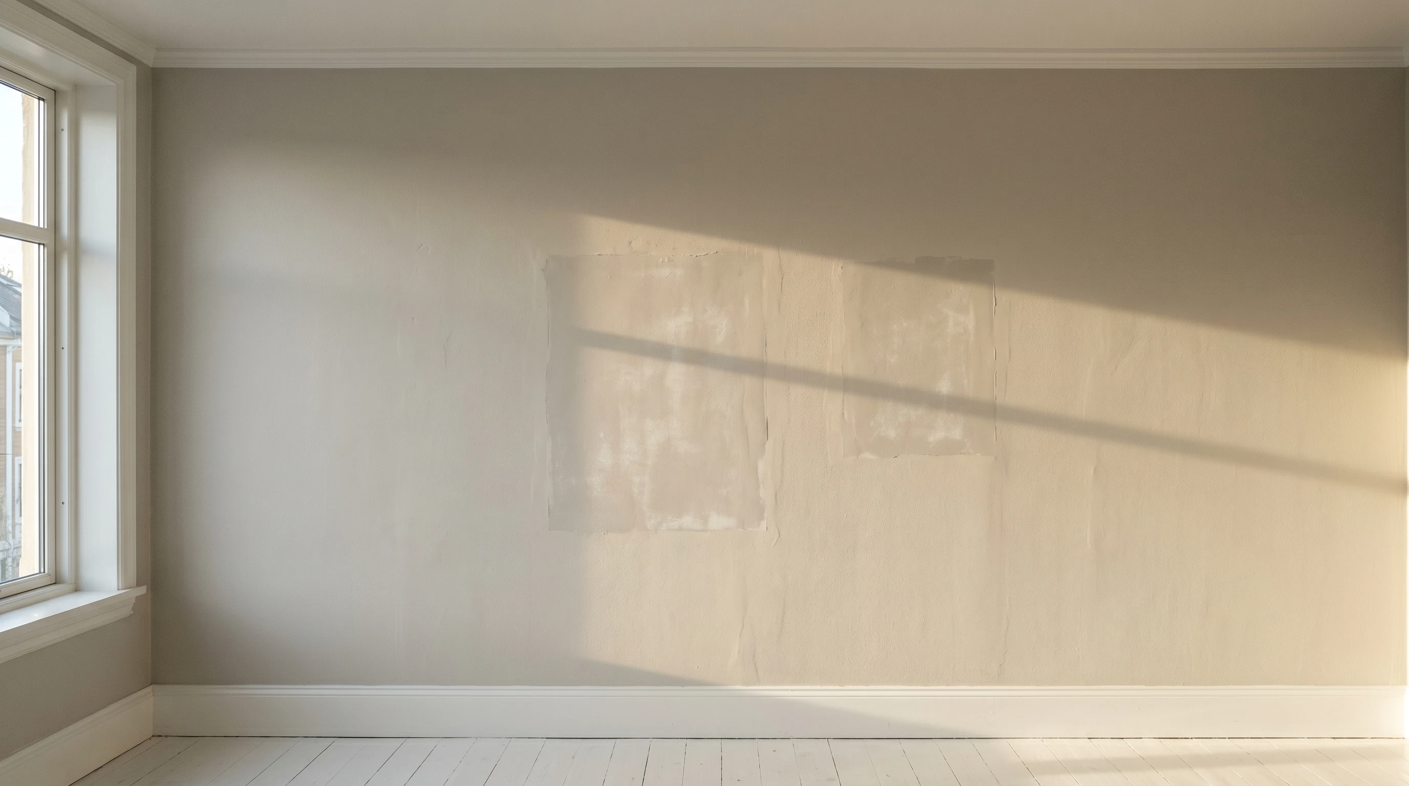 Painted wall under raking light showing duller flashing patches where drywall repairs were spot-primed instead of full-primed