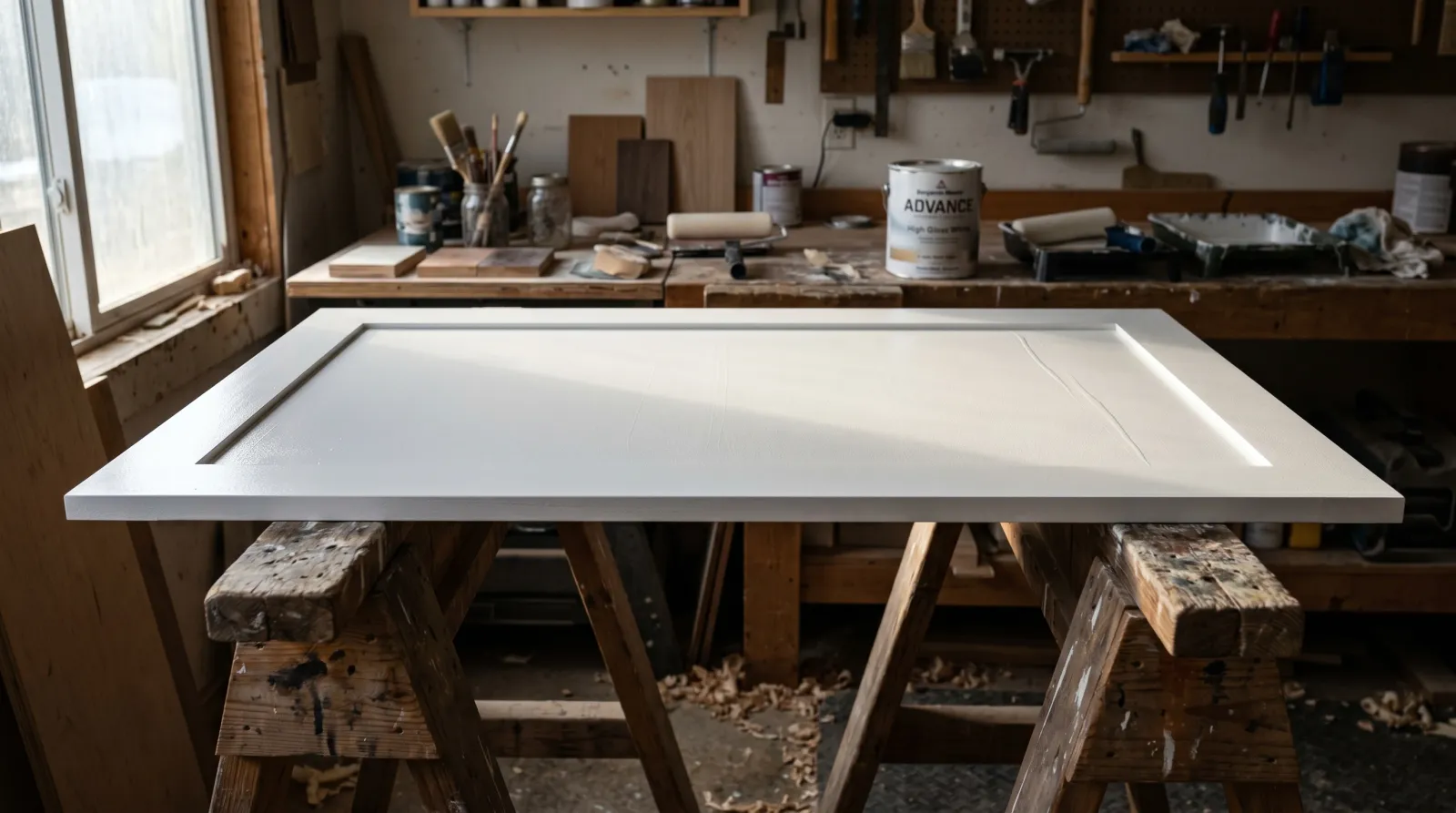Freshly painted white cabinet door under raking light showing faint parallel streaks left by a foam roller