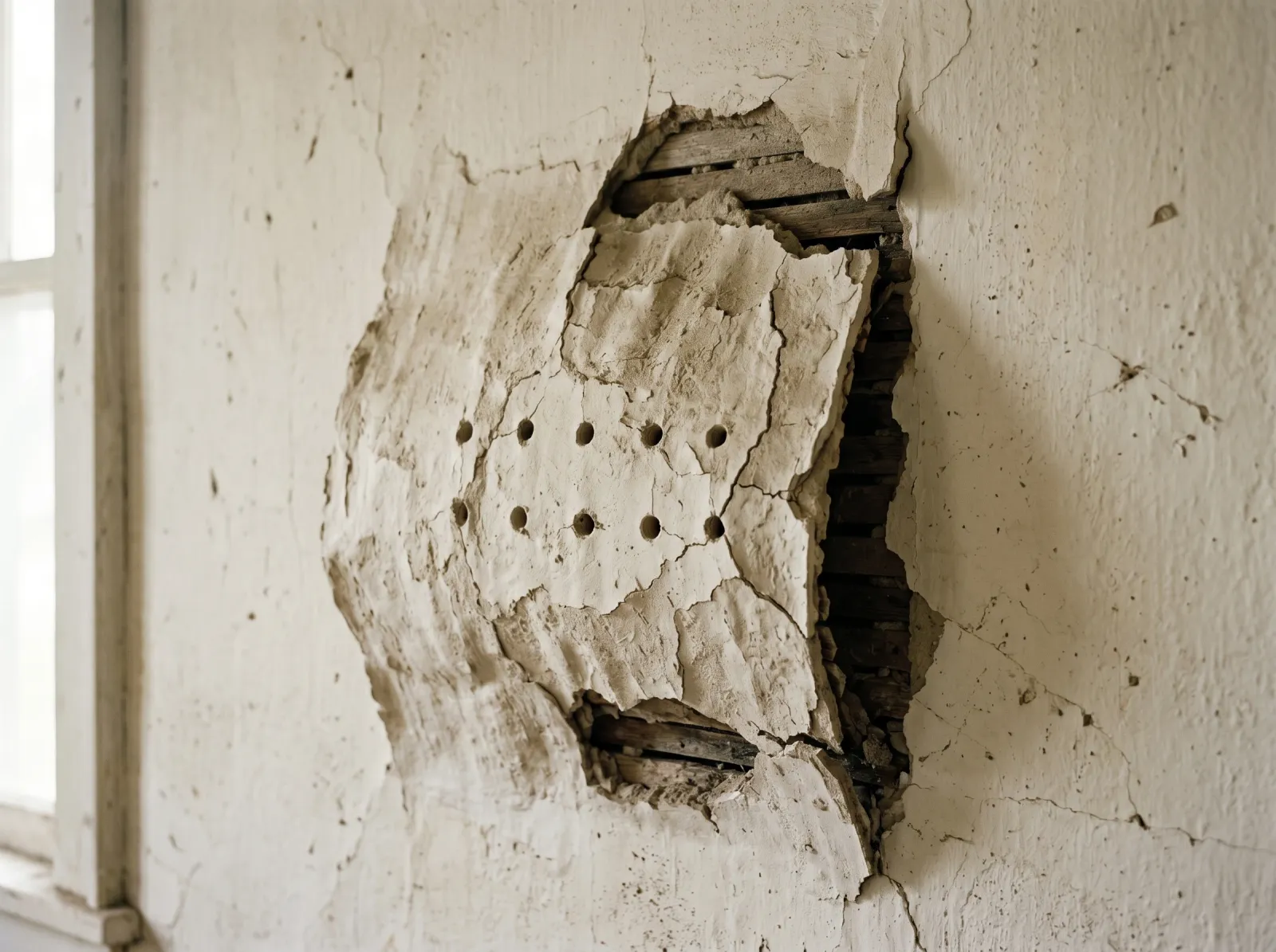 Bulging plaster wall with small grid-pattern holes drilled for plaster washers or adhesive reattachment