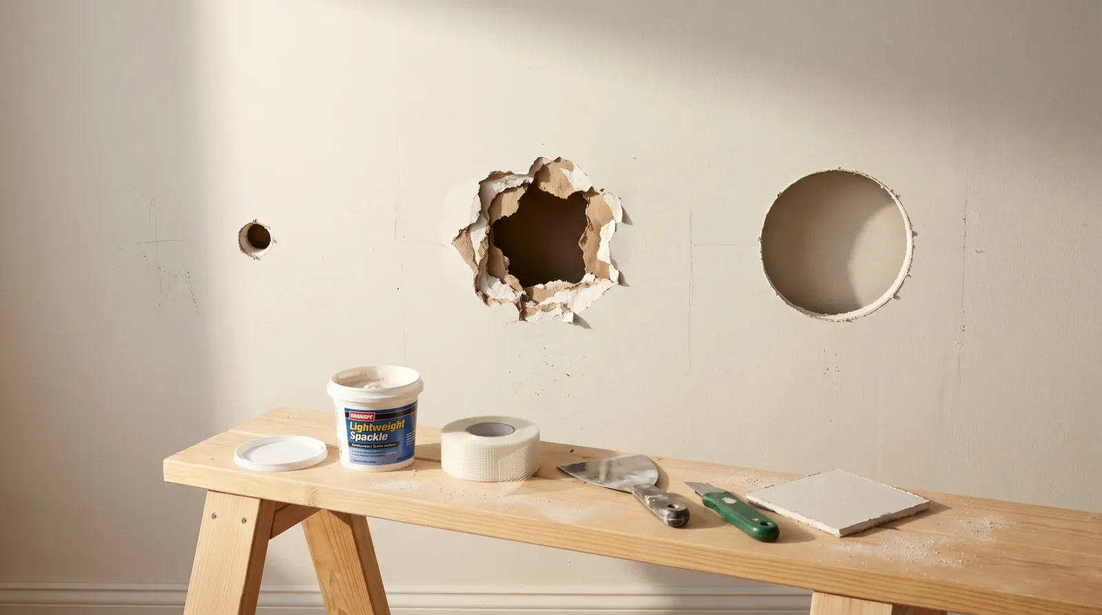 Three drywall hole sizes — nail, fist, and baseball — shown side by side on a wall with spackle, mesh tape, and California patch tools on a workbench