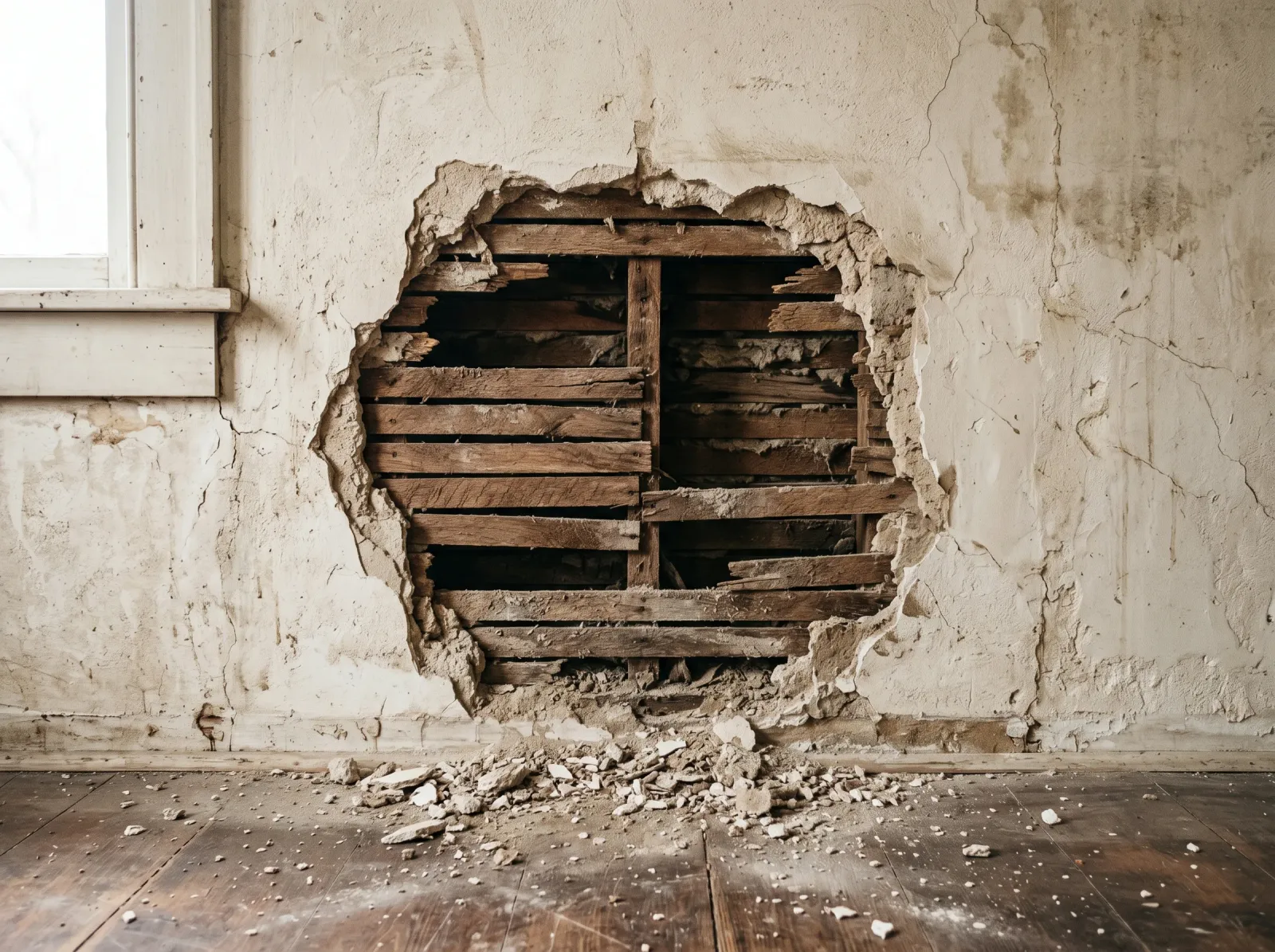 Crumbling broken plaster edges around a hole with wood lath showing through