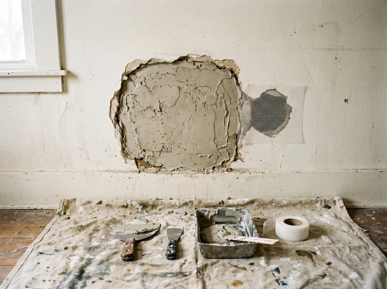 Plaster hole filled with a base coat below the surface and a mesh patch over a second hole