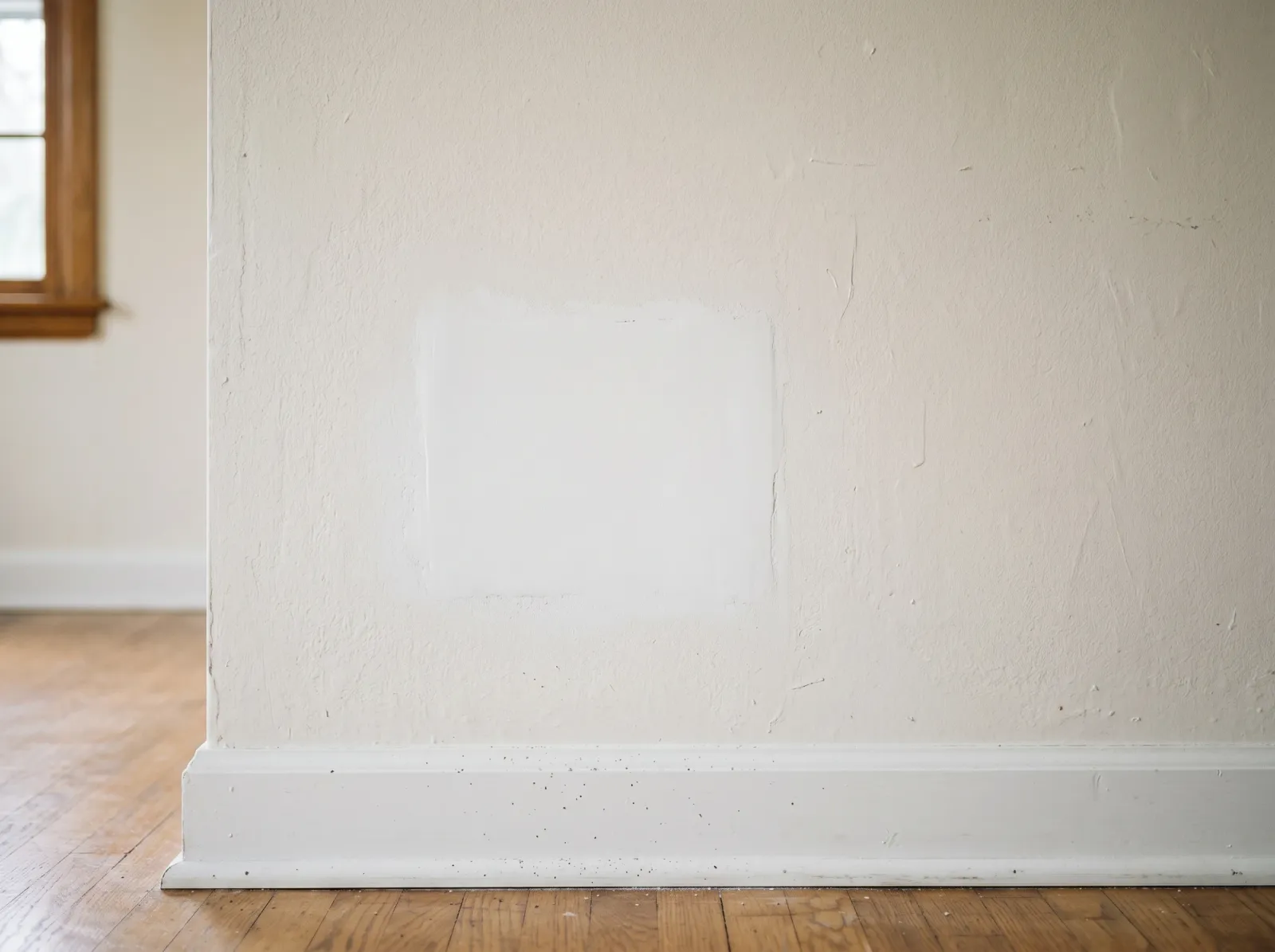 Repaired plaster patch sanded flush and primed, blending into the surrounding wall