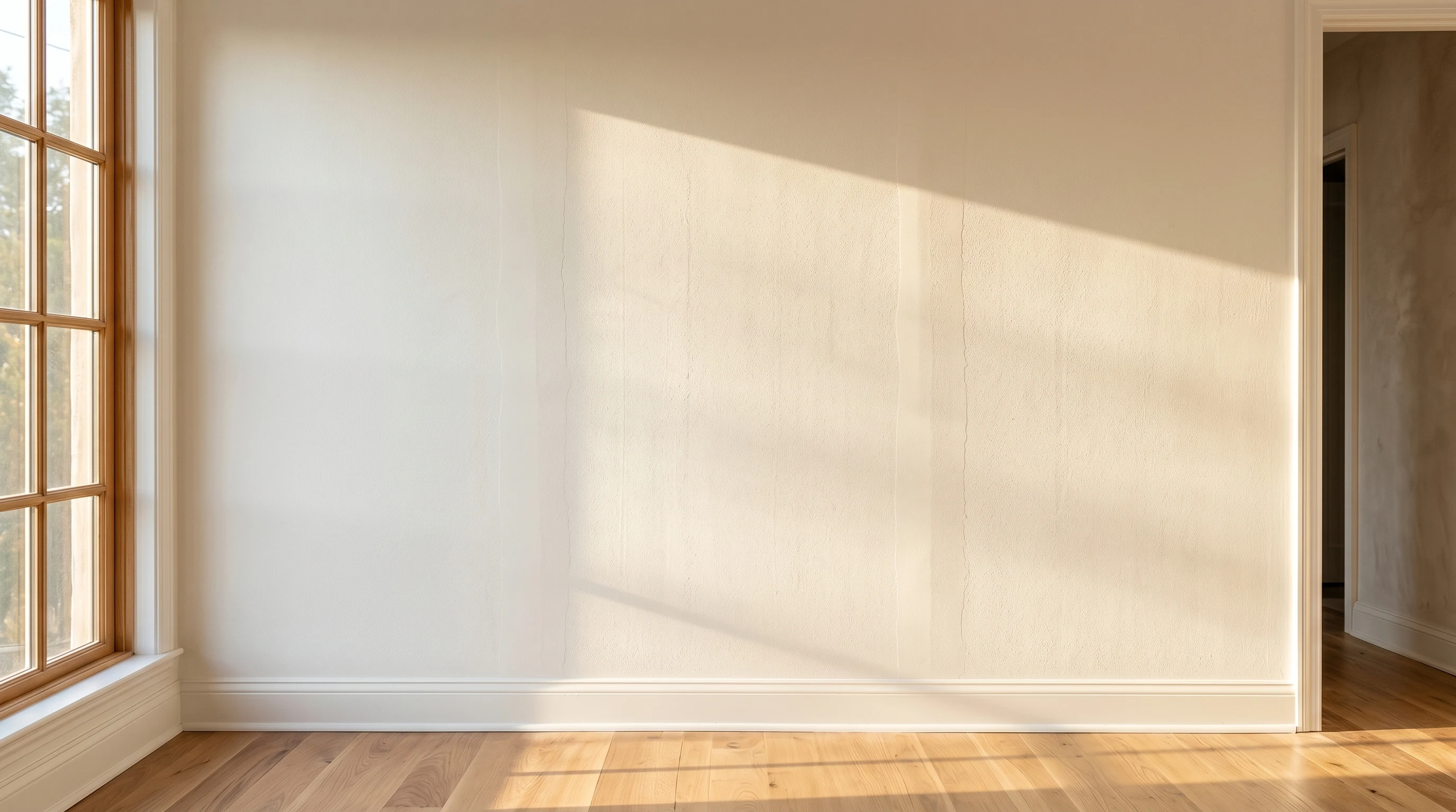 Freshly painted wall under raking afternoon light showing faint vertical lap marks where roller passes overlapped