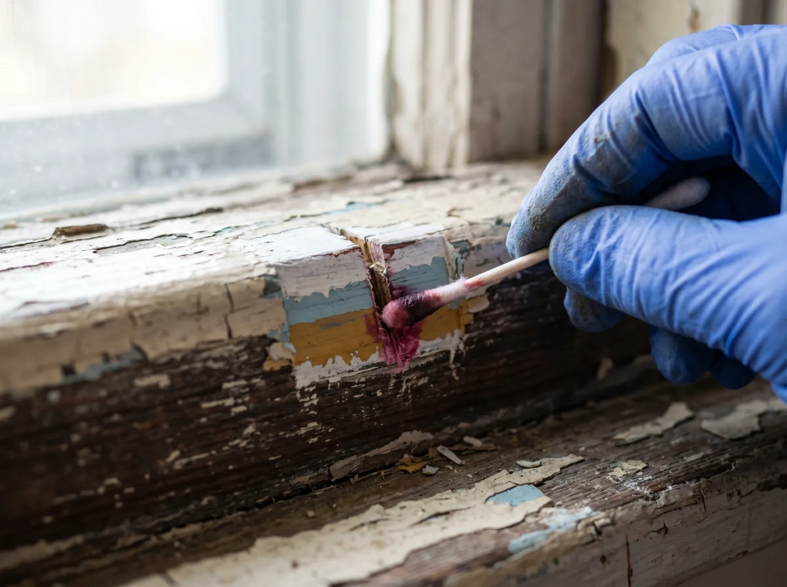 A swab rubbed into a notch cut through layers of old paint to test every layer for lead