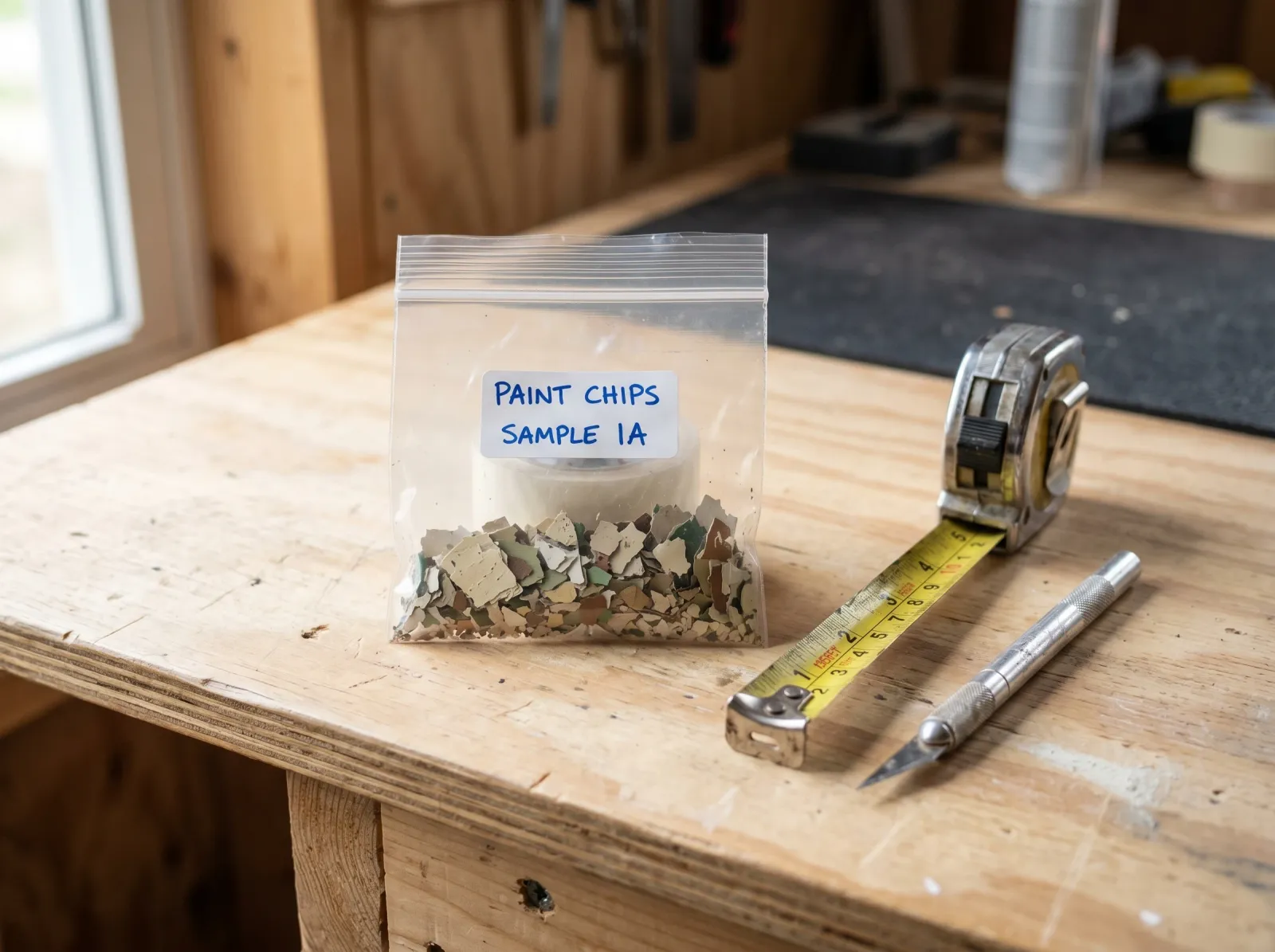 Paint chip sample sealed in a bag ready to mail to a lab for lead analysis