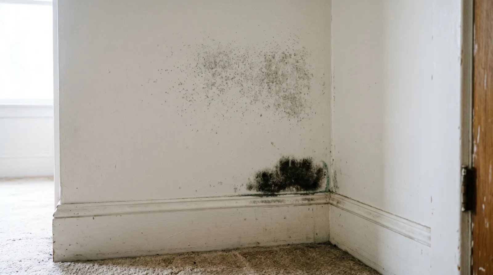 Residential wall corner showing flat gray mildew speckle above and a fuzzy darker mold patch near the baseboard