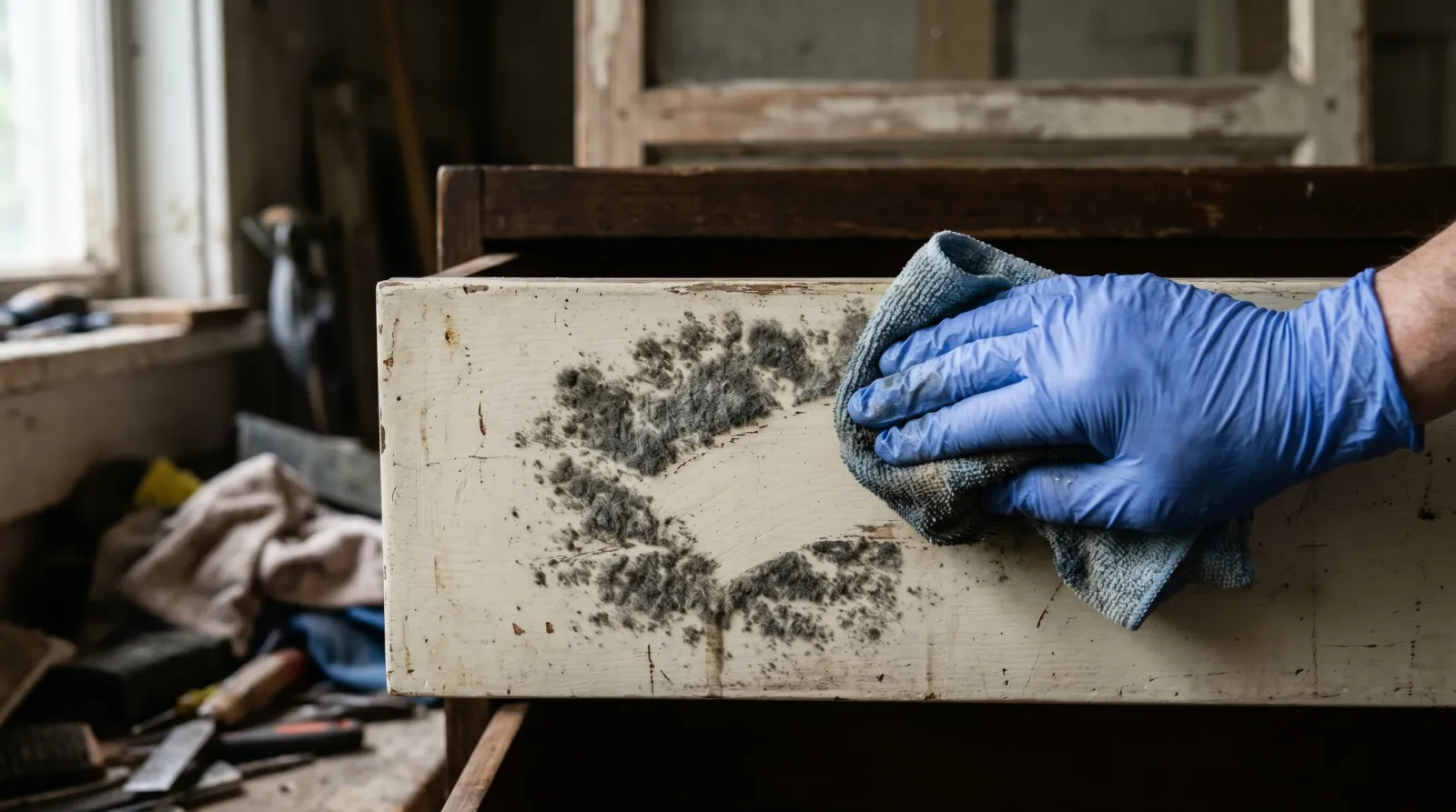 Gloved hand wiping mold off a painted drawer front with a damp cloth