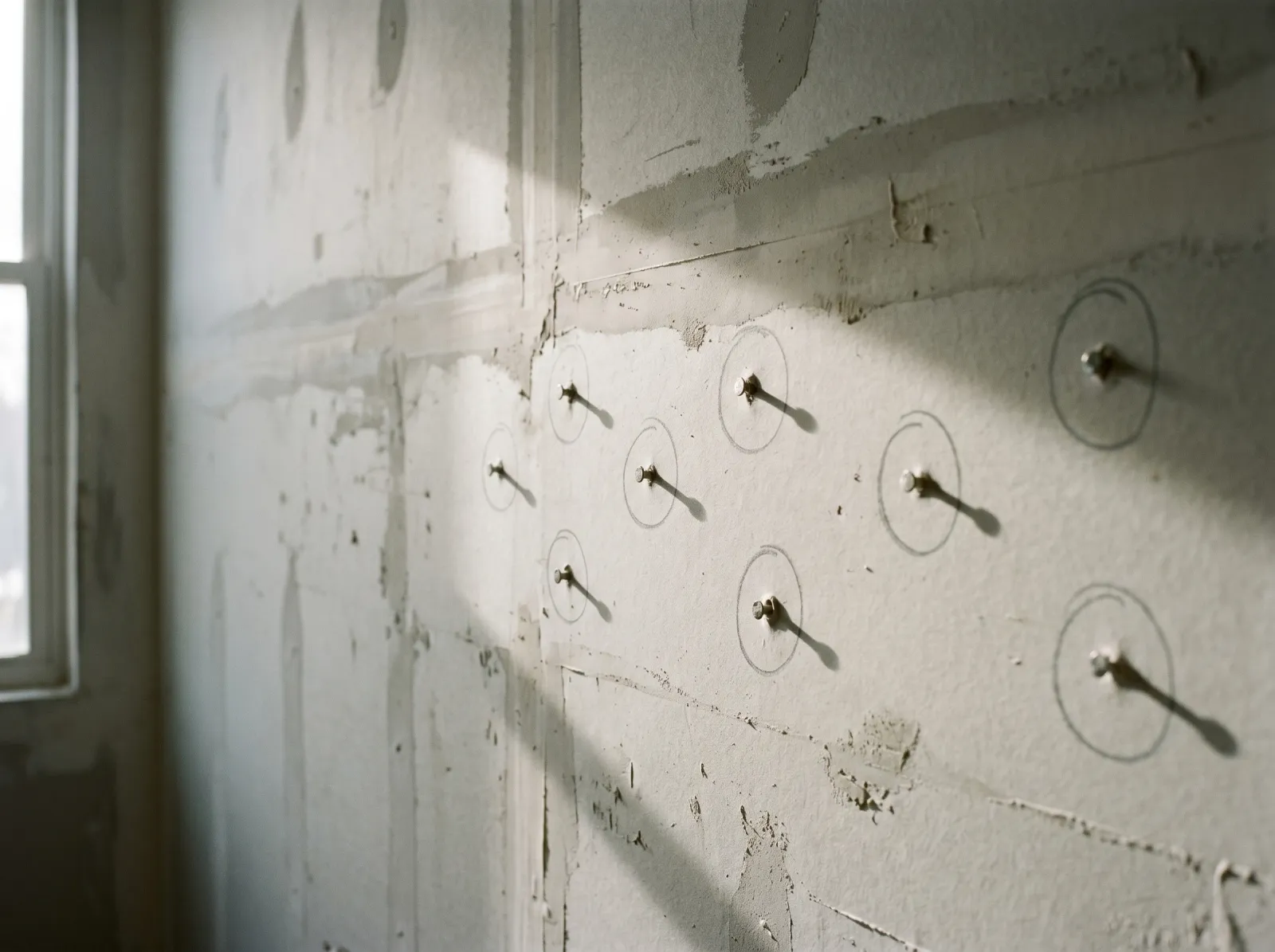 Drywall pops circled in pencil under raking sidelight on a bare wall before painting