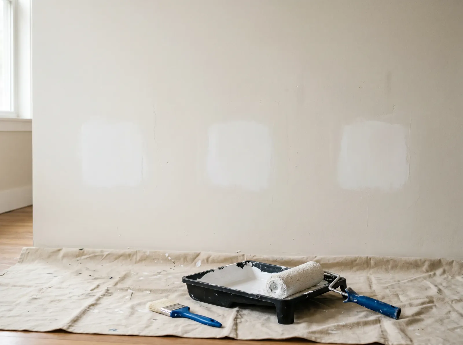 Drywall patches spot-primed flat and ready for topcoat with a roller and tray on a drop cloth