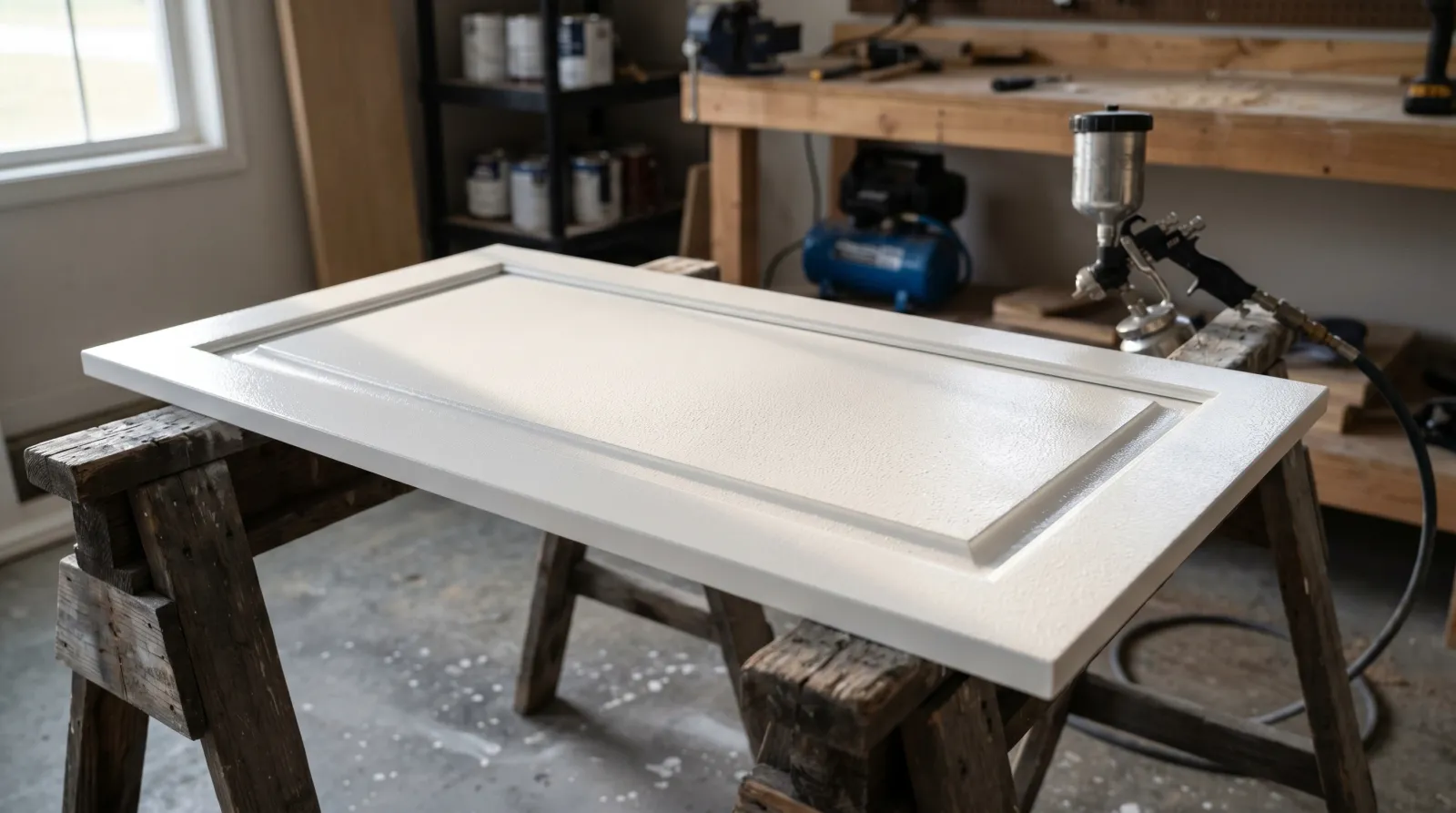 White sprayed cabinet door on sawhorses under raking morning light revealing a fine dimpled orange peel texture across the surface