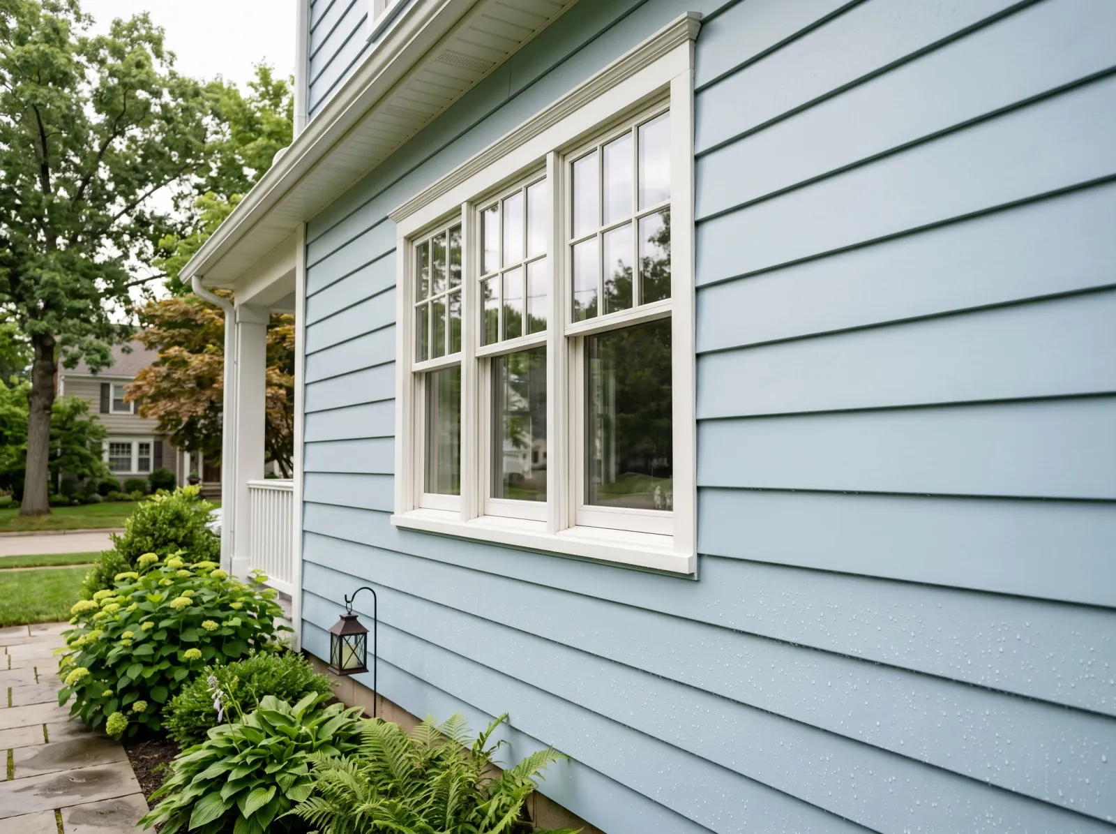Clean aluminum siding after washing, color brighter and even, water beading on the surface