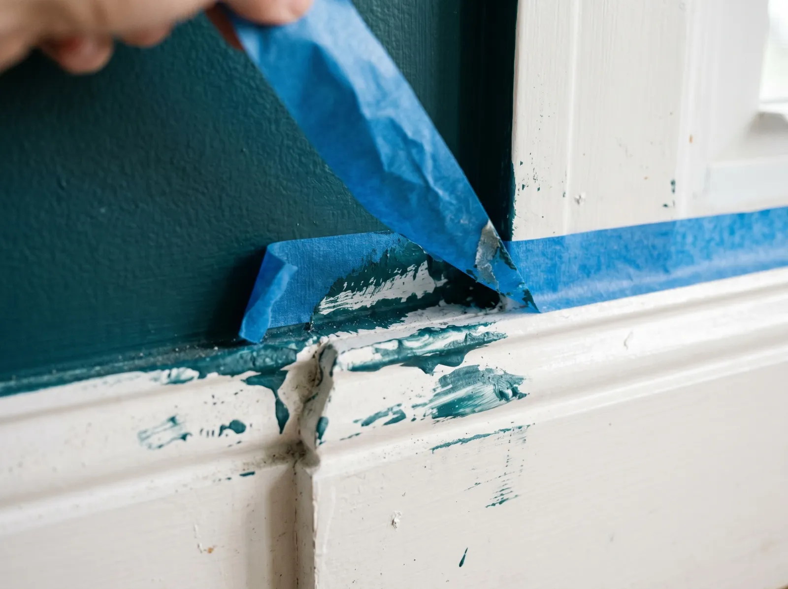 Painter's tape pulled back to reveal a ragged bled paint line on white trim
