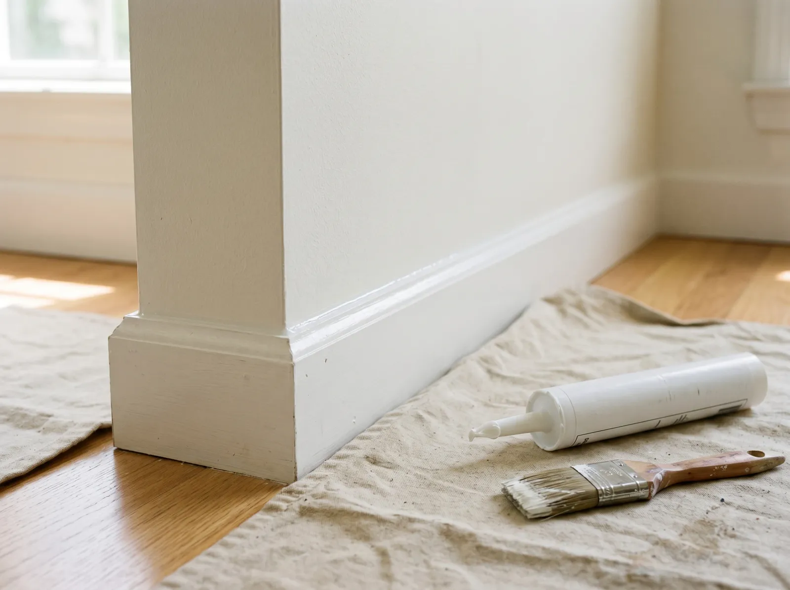 Wall-to-trim seam with a thin caulk bead smoothed in, brush and caulk tube on a drop cloth nearby