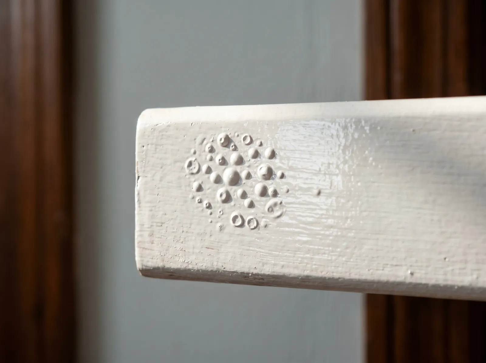 Close-up of paint bubbles raised over a glossy semi-gloss trim board under raking light