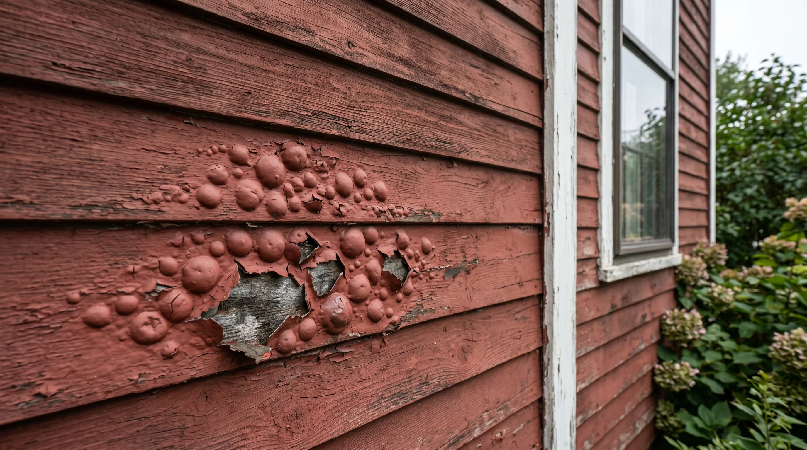 Cluster of round paint blisters on exterior wood siding, several popped open