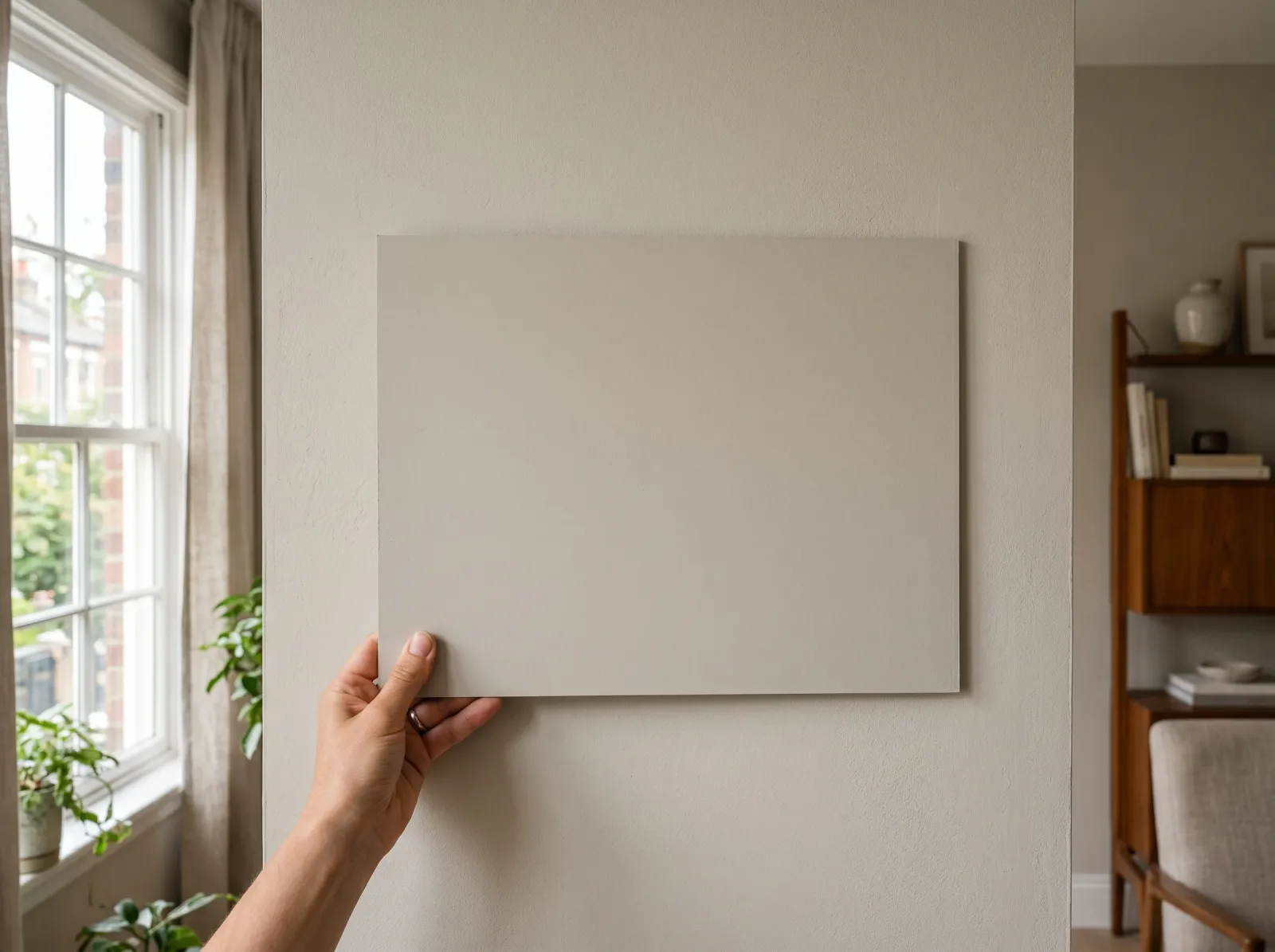 A painted sample board held flat against the brighter wall, matching the wall color exactly