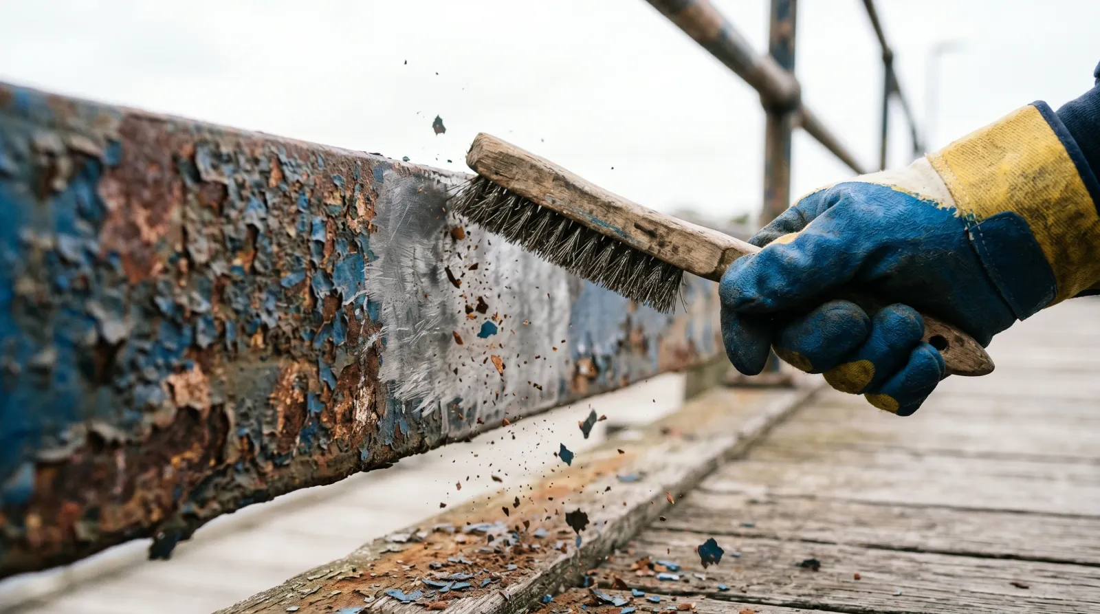 Wire-brushing flaking paint and rust off a metal railing down to bare steel