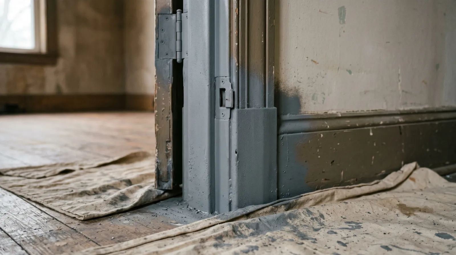 Metal door frame coated in gray rust-inhibitive primer after prep