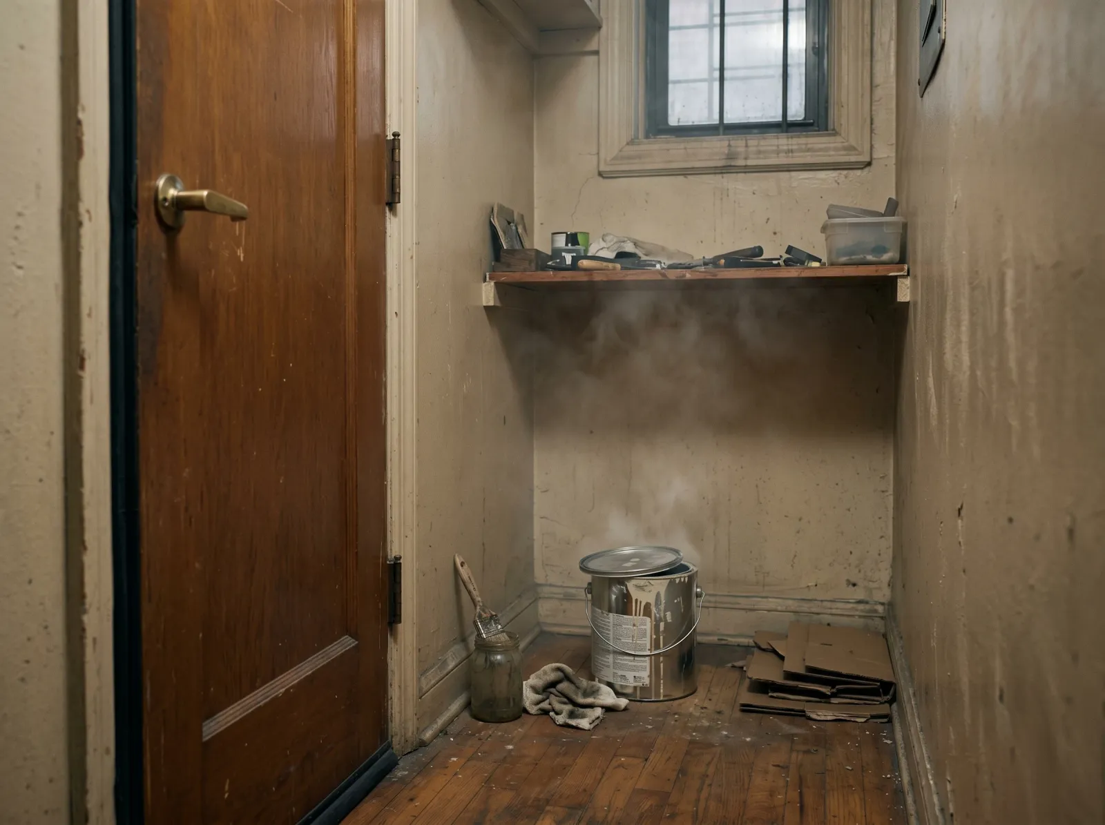 Closed, unventilated room where paint smell is trapped with no airflow